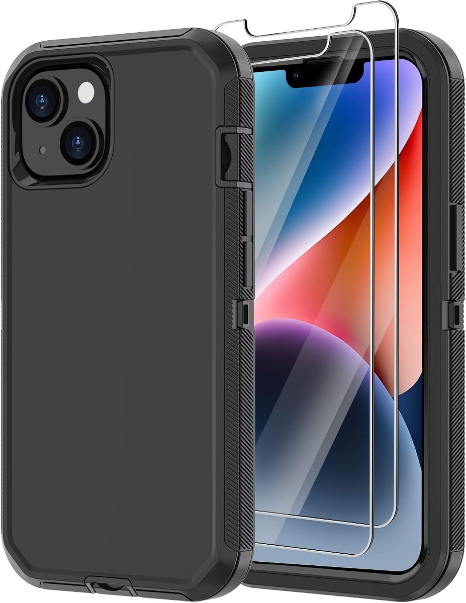 for iPhone 14 Case with 2 Screen Protector, Heavy Duty Shockproof Dropproof Dust Proof Full Body Rugged 3-Layer Military Tough Durable Protective Cover for Apple iPhone 14 6.1" (Black)