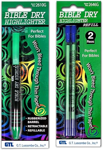 Dry Bible/Book Highlighter Pen con 2 Pack Biblia/Book Dry Resaltador Recambio (Verde)