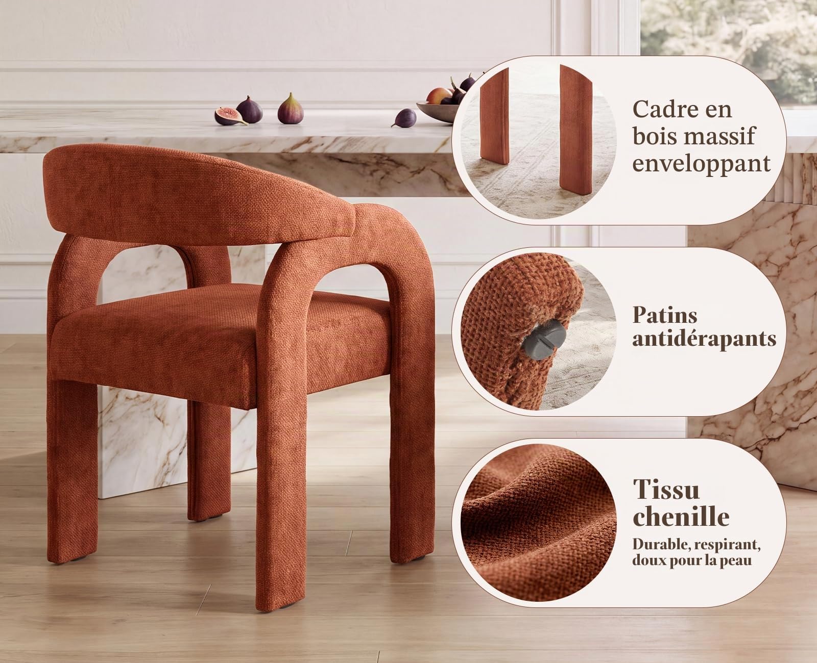 Ya-Home Chaise de Salle à Manger en Chenille Lot de 2 Coussin Epais, Orange