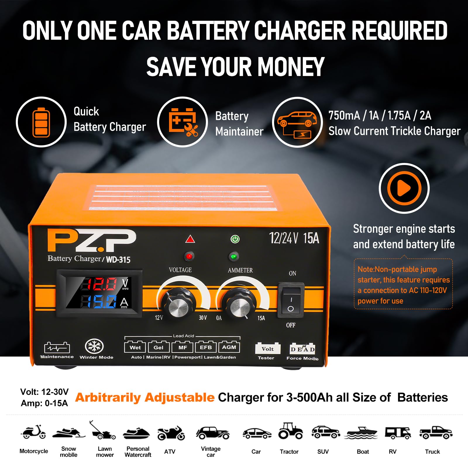 PZP 15-Amp 12V/24V Smart Battery Charger, Maintainer & Trickle Charger