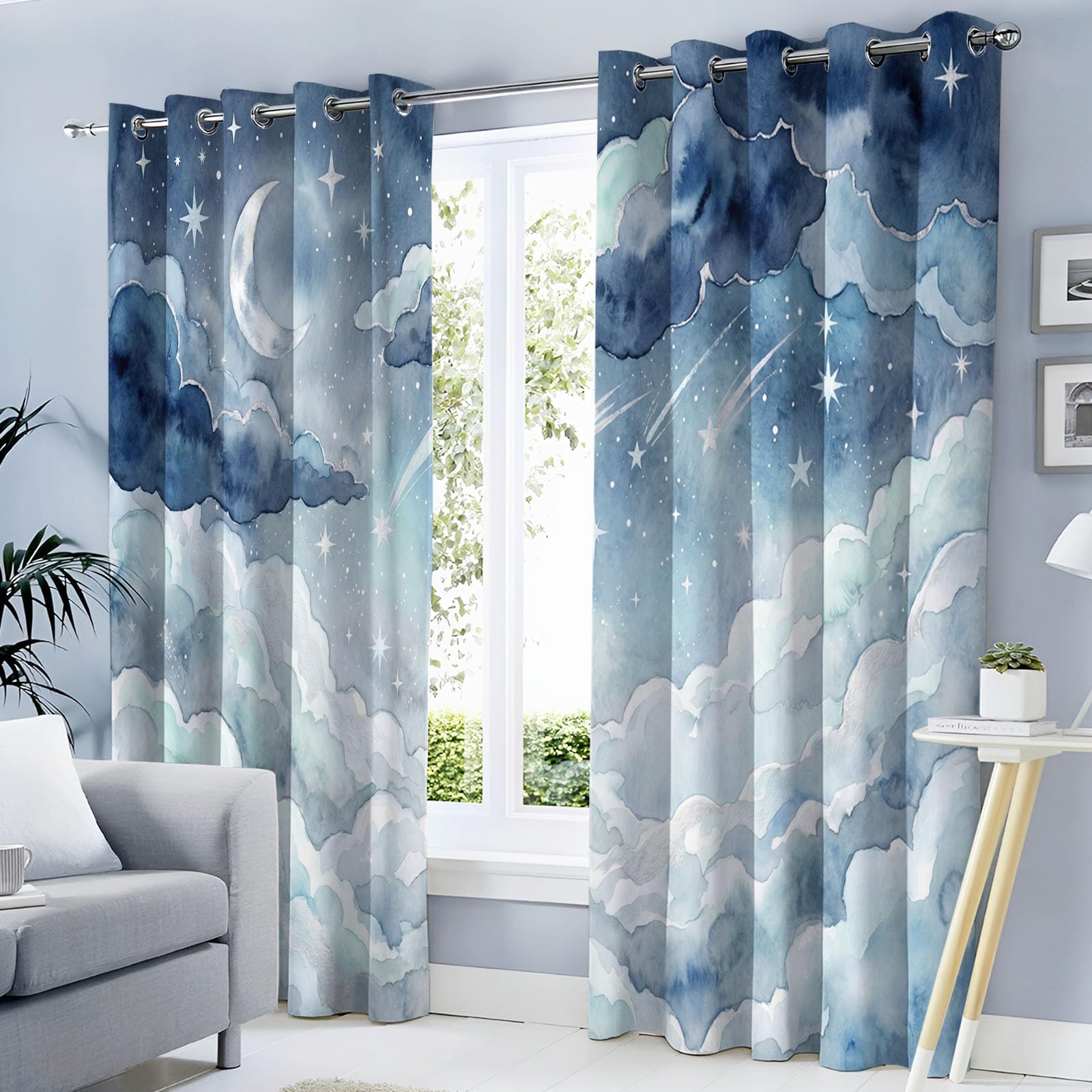 Aquarelllandschaft Vorhänge Himmel Und Wolken Ösen Gardinen Mit Blickdichte, Hellblau Thermo Vorhang H166 X B75 cm (2Er Pack) Verdunkelungsvorhänge Für Schlafzimmer Verdunkelung Fenster