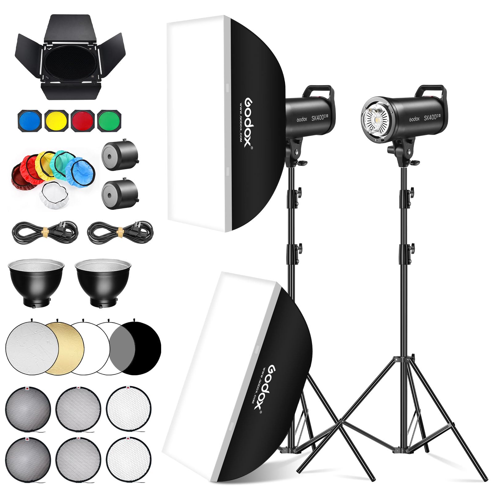 Godox 2Pack SK400IIIV 400Ws LED-Videoleuchtenset 5700±200K Dauerlicht-Set mit Lampenstativ Softbox mit Gitter Bowens-Mount Standardreflektor für Studio Videoaufnahme Livestreaming Podcast (2 Stück)