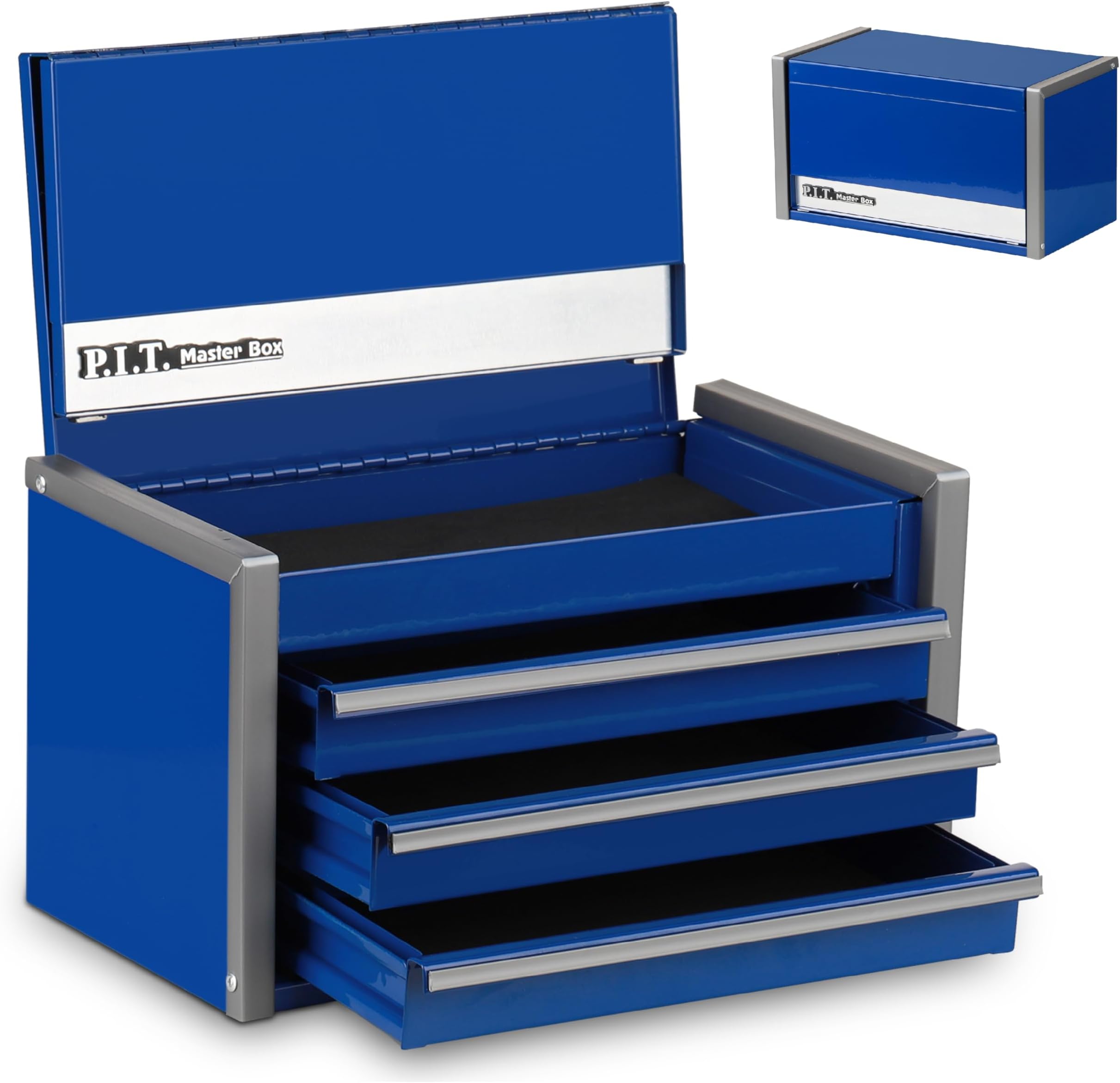 Mini Blue Tool Box, Portable 3 Drawer Steel Tool Box with Magnetic Tab Locking, Blue Micro Top Chest with Liner for Tools Storage, Home DIY
