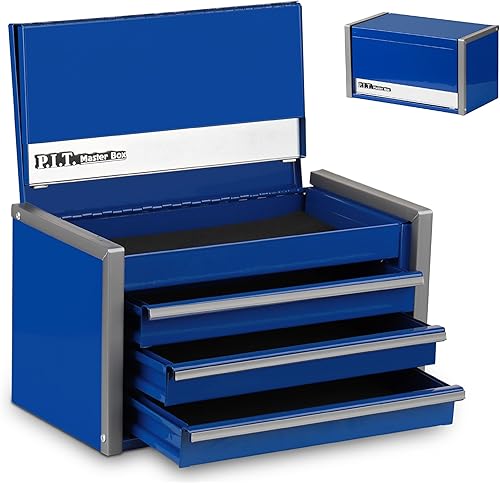 P.I.T. Mini Caja de Herramientas Azul, Caja de Herramientas de Acero Portátil Apilable de 3 Cajones con Bloqueo de Pestaña Magnética, Micro Cofre