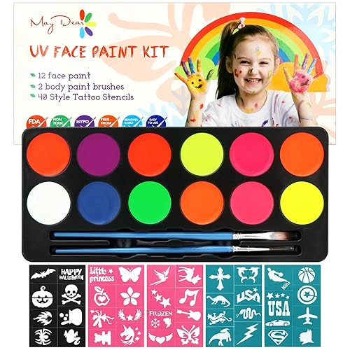 Miniatura 32 de Maydear Kit de pintura facial para niños, paleta de maquillaje a base de agua de 20 colores con plantillas, purpurina, pastel dividido de arcoíris