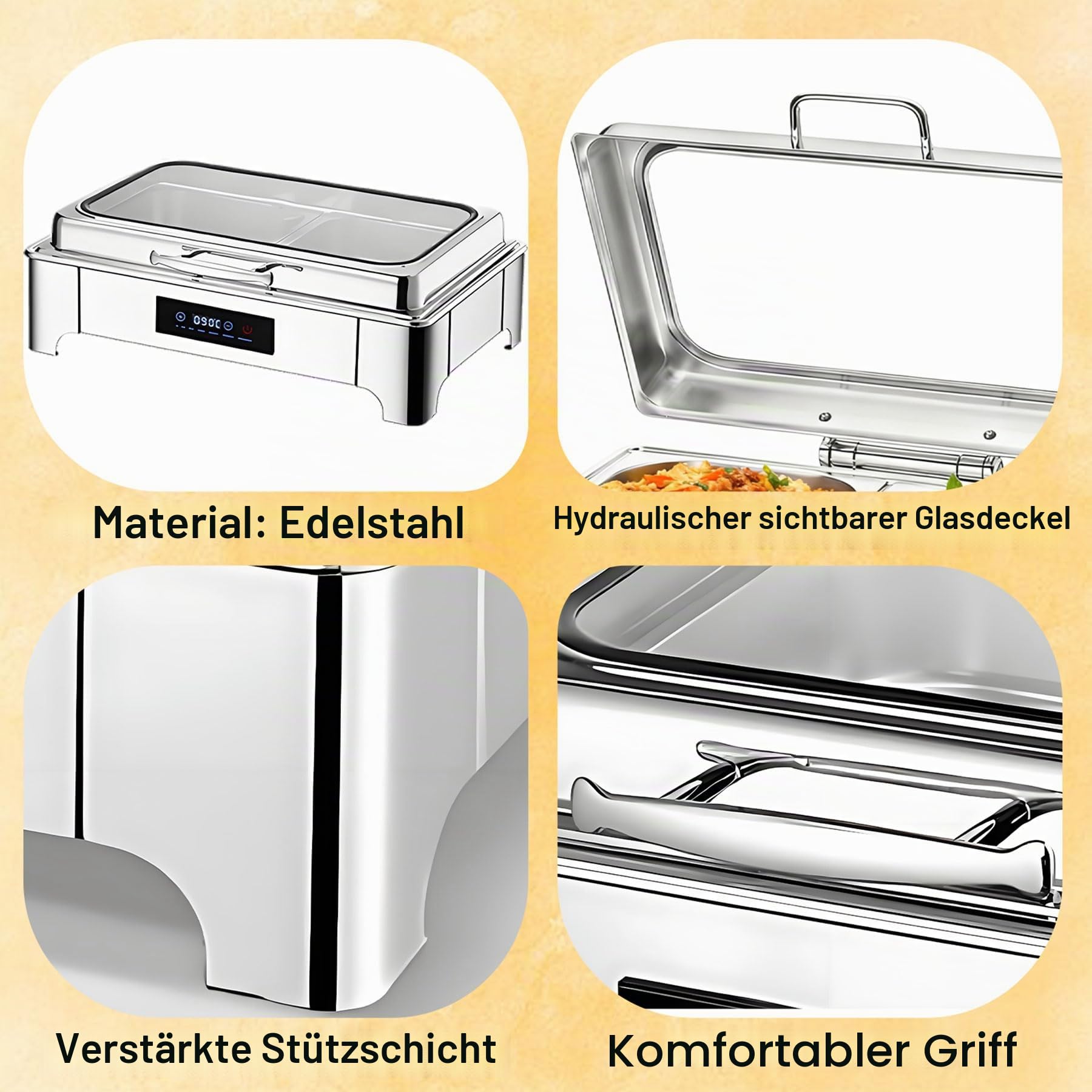 Chafing Dish Elektrisch, 9L Edelstahl Warmhaltebehälter Essen Buffet | Kommerziell Speisewärmer Buffetwärmer Elektrisch mit Sichtbarem Glasdeckel und Touchscreen-Temperaturregelung