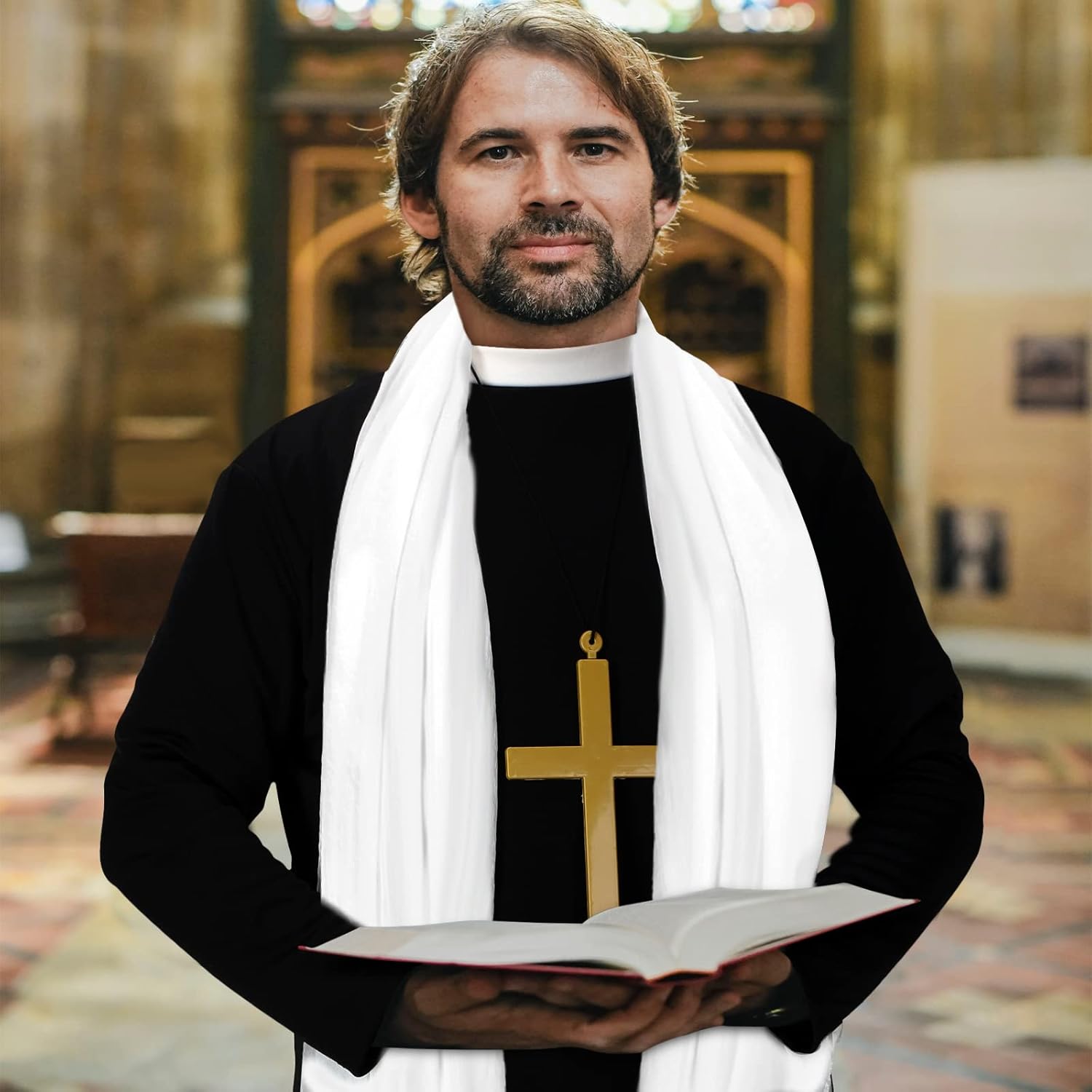 Jiuguva 3 Pcs Halloween Priest Costume for Men Adult with Father Robe White Stole Cross for Halloween Dress up Party - Image 4