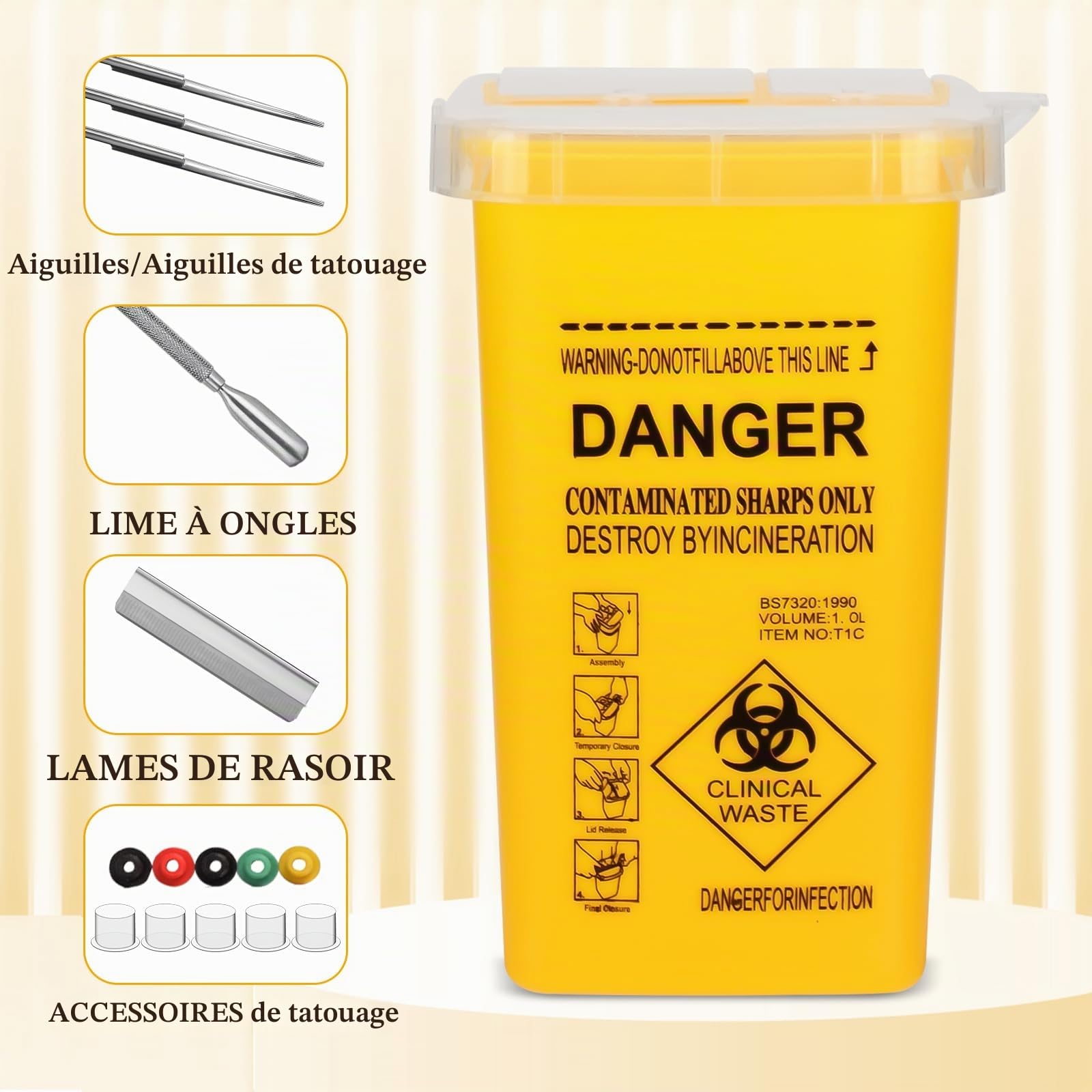 BoîTe Pointue Pour Conteneur D'Aiguilles ATOMUS 1L Tatouage En Plastique Conteneur Pointu Tatouage éLimination MéDicale BoîTe à DéChets D'Aiguille Biohazard Lock Container Tattoo Supplies (1PCJaune)