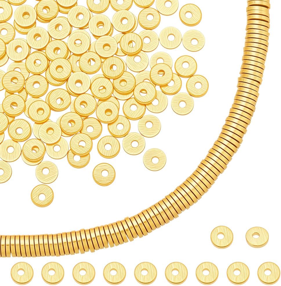 PH PandaHall 300pcs Golden Spacer Beads 4mm Flat Round Heishi Beads Disc Spacer Bead Long-Lasting Loose Bead for Summer Stackable Jewelry Making Bracelets Necklaces Earrings DIY Craft, Hole: 1.2mm