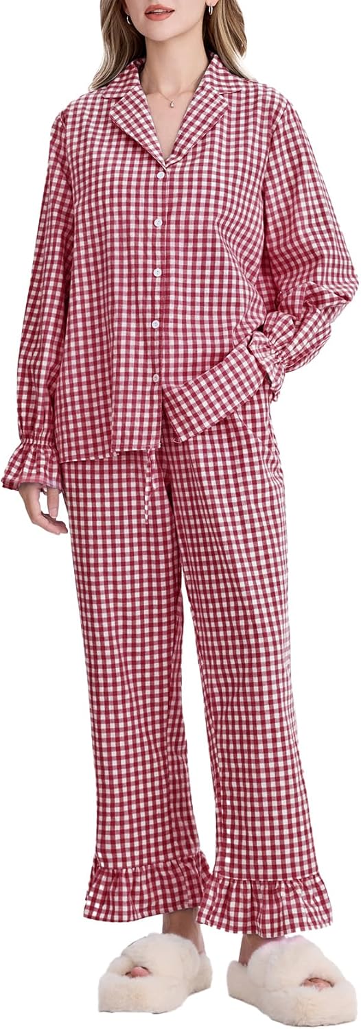 Flygo Womens Gingham Pajamas Sets Cotton Plaid Pjs Ruffled Sleeve Button Down Shirt Pants Y2k 2 Piece Lounge Set