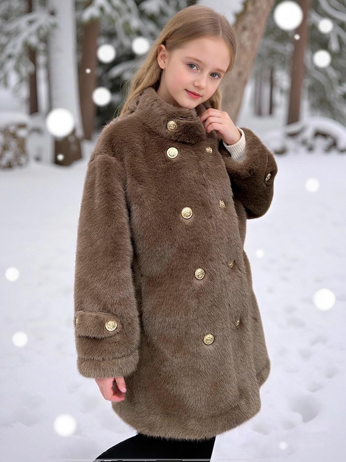 Girls Faux Fur Coat Winter Warm Fluffy Outerwear Button Down Long Sleeve Parka Jacket 3-14 Years - Image 2