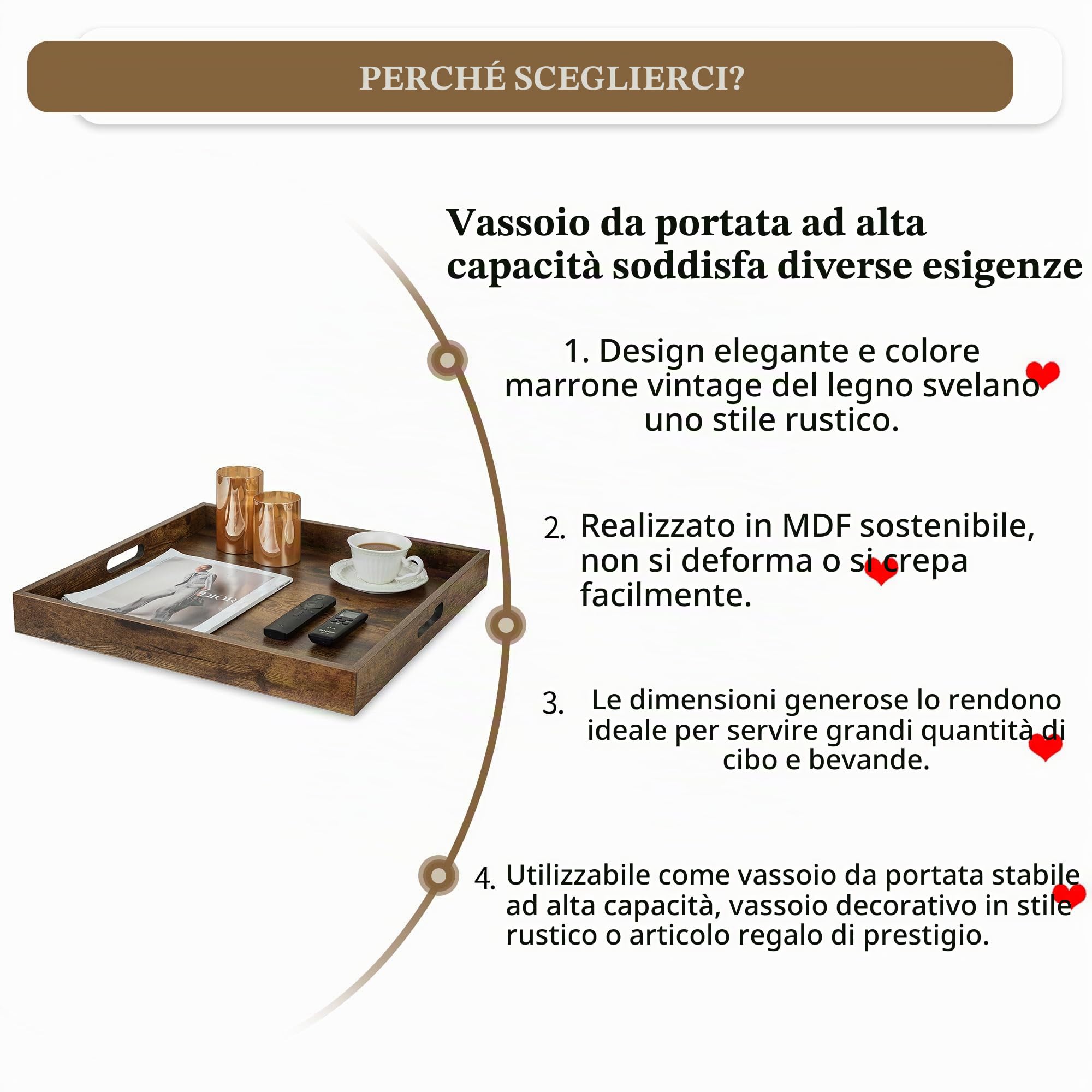 Hanobe Vassoio da portata per ottomano grande: vassoio rustico marrone tavolino da caffè quadrato 50 cm con manici per soggiorno – decorazione in legno extra oversize per feste in cucina