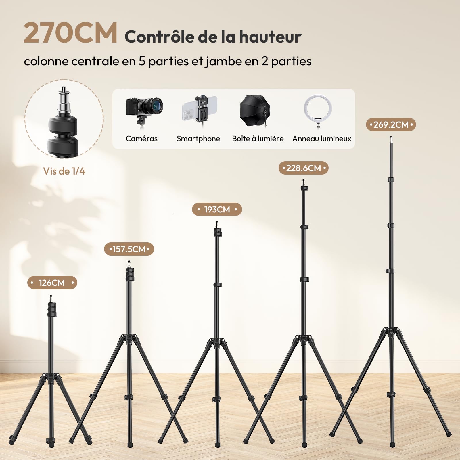 270cm Trépied de Lampe en Aluminium, Trépied Pliable et Portable, Support pour Appareil Photo et éclairage, Charge 6kg avec Vis 1/4" pour Studio, Lampes d'éclairage, Photographie Extérieure, Flash