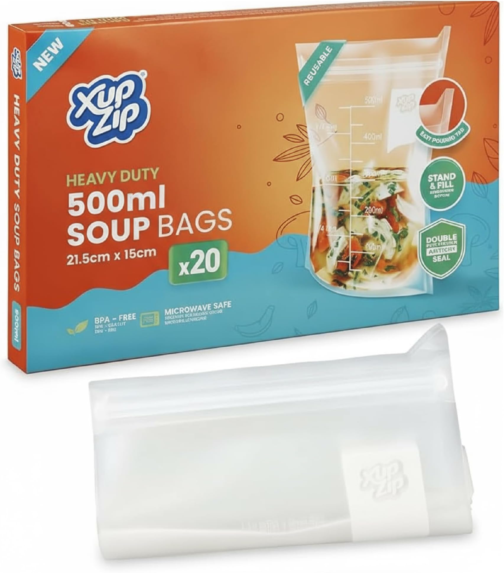 20 x XupZip 500ml Soup Bags - Clear Soup Bag 20 x 17.4cm - Heavy-Duty Freezer Bags - Airtight double Seal, Easy Pouring Tab - Standing Food Storage Bags - Reusable Freezer Bags for Soup Storage
