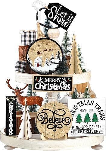 Juego de 10 piezas de decoración de bandeja escalonada de Navidad de invierno, decoración de mesa de árbol de Navidad de pino con texto en inglés