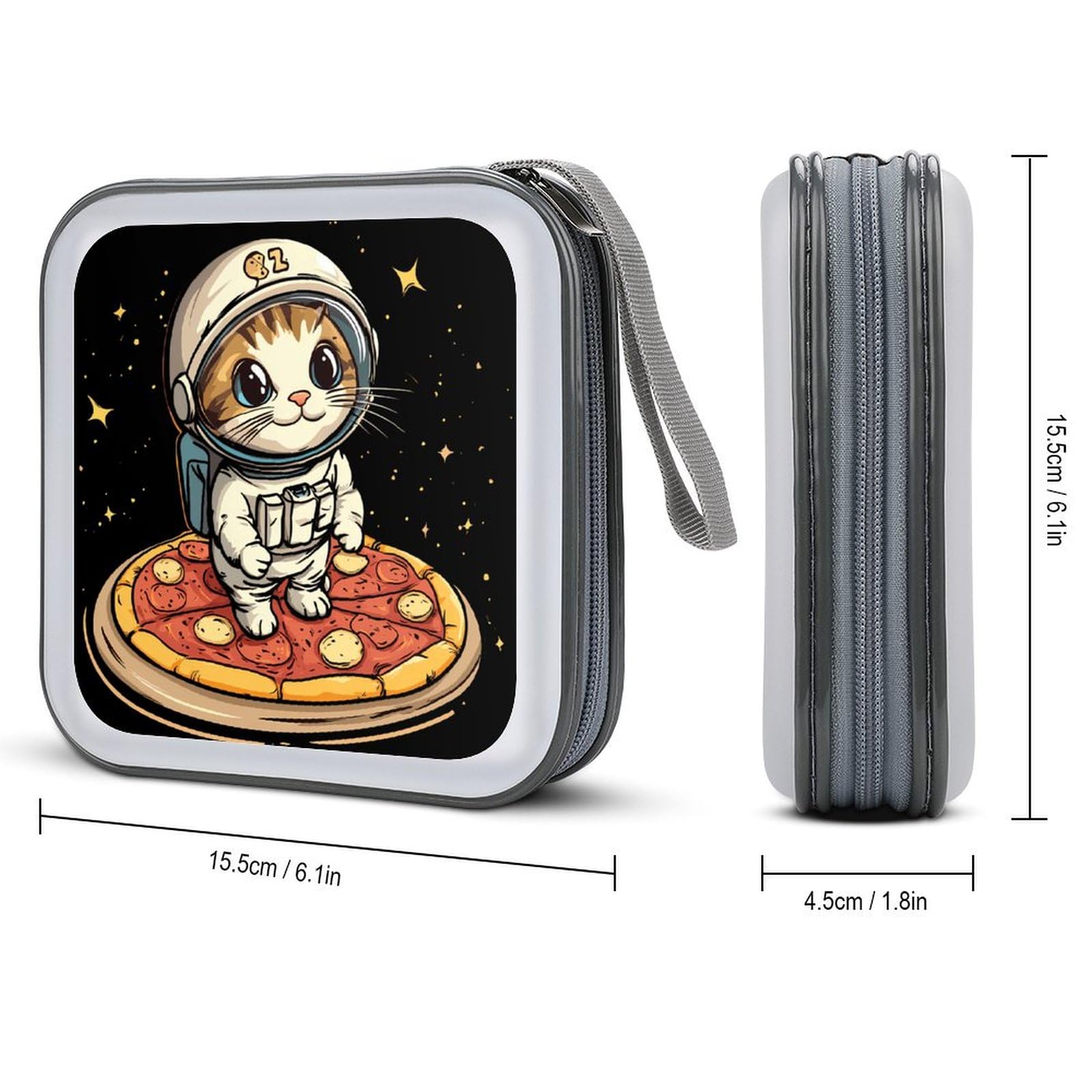 Funny Cat Flying A Pizza Astronaut CD Case Plastic DVD Case Holder Wallet Disc Storage Organizer for Car Travel