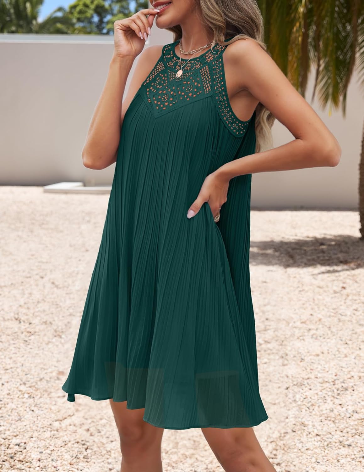 ZESICA Women's 2025 Summer Halter Chiffon Mini Dresses Sleeveless Hollow Out A Line Flowy Ruffle Beach Vacation Sundress - Image 3