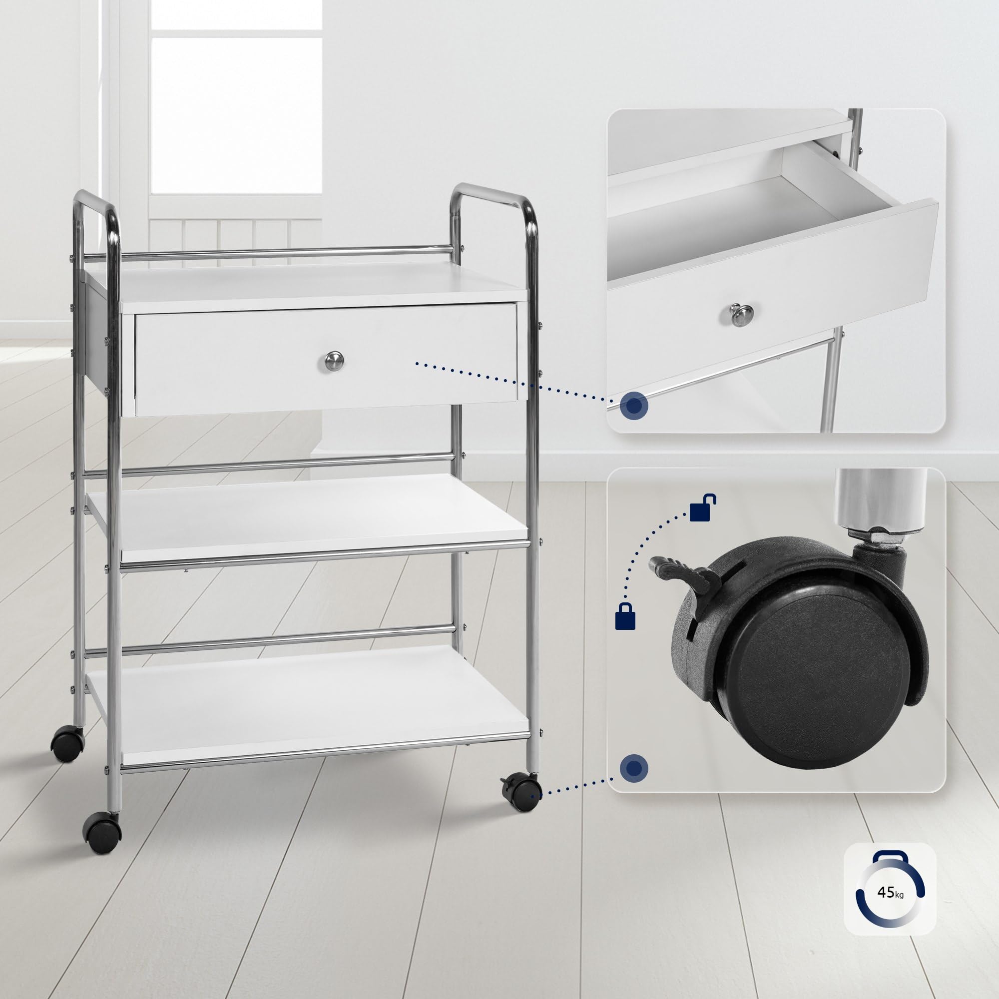 CLP Carrello PL912 I Carrello per attrezzature su rotelle I Carrello per cosmetici con cassetto e tre ripiani I Carrello multiuso, Colore:bianco