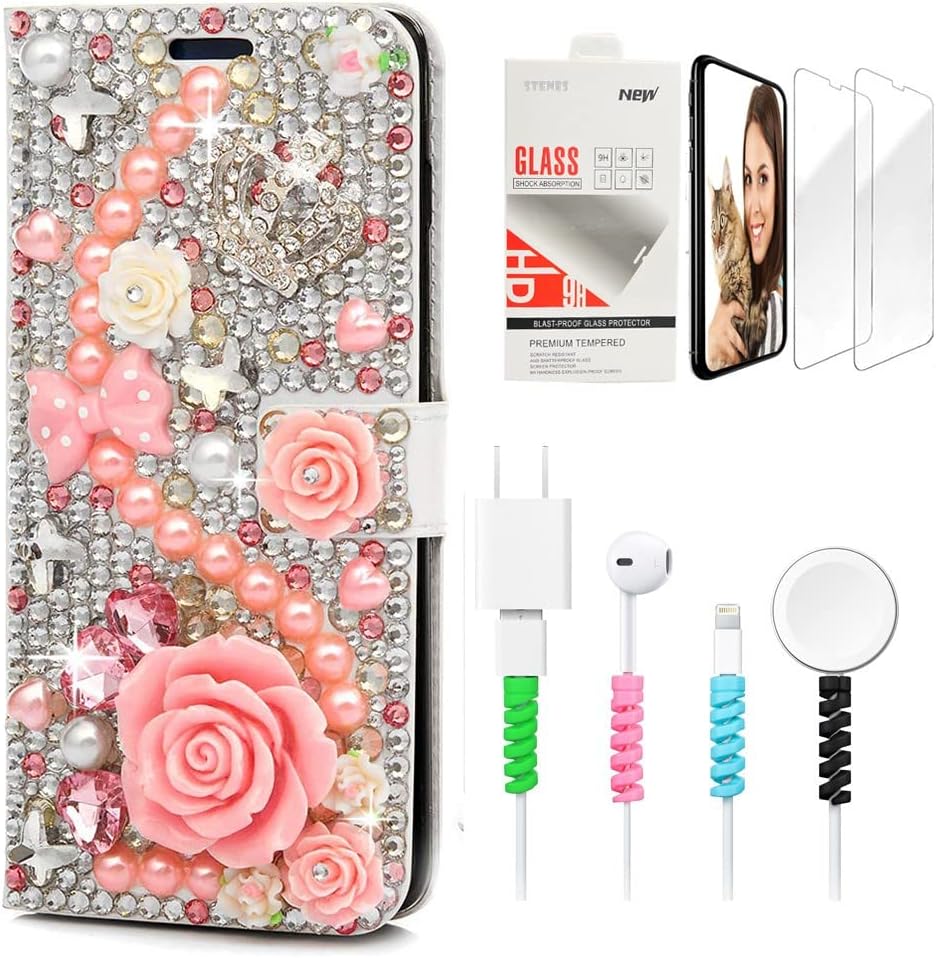 STENES Bling Wallet Phone Case Compatible with Samsung Galaxy Note 9 - Stylish - 3D Handmade Crystal Rose Crown Bow Flowers Design Leather Cover with Screen Protector & Cable Protector - Pink