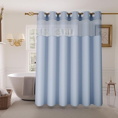 Miniatura 18 de Inhousolu Cortina de Ducha Sin Gancho con Conjunto de Forro de Tela con Broches Tejido Waffle 230GSM Dobladillo con Peso, Cortina de Baño Gris