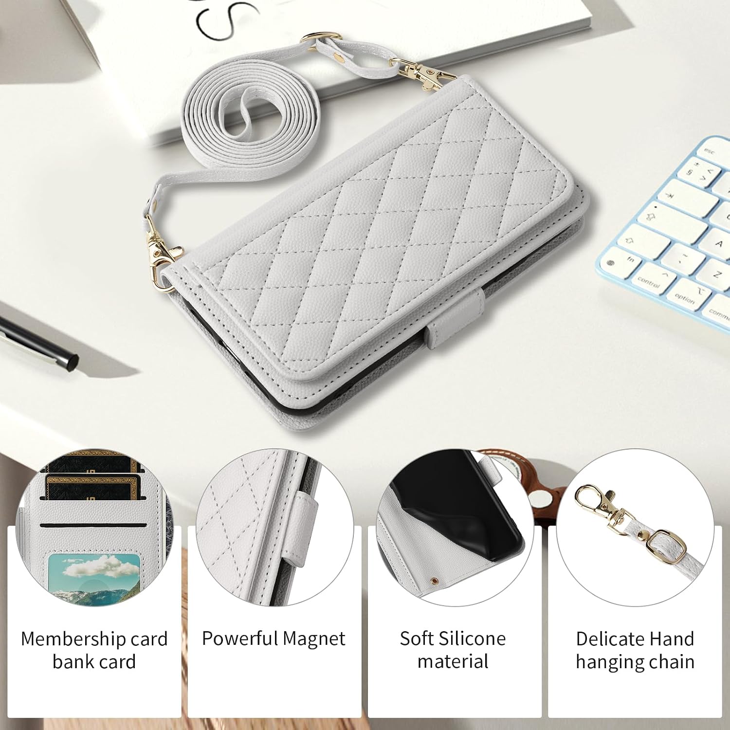 for Moto G Stylus 2022 4G Argyle Wallet Case Wrist Shoulder Strap White image 5