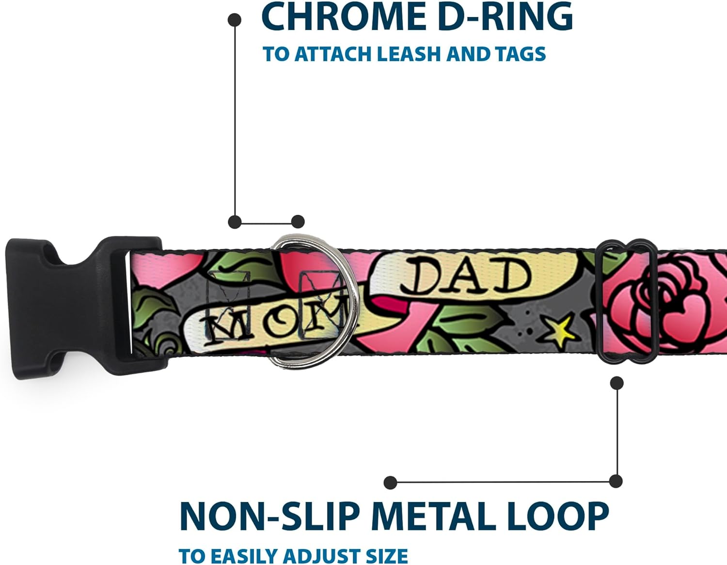 Buckle-Down 18-32" Mom & Dad Gray Plastic Clip Collar, Wide Large