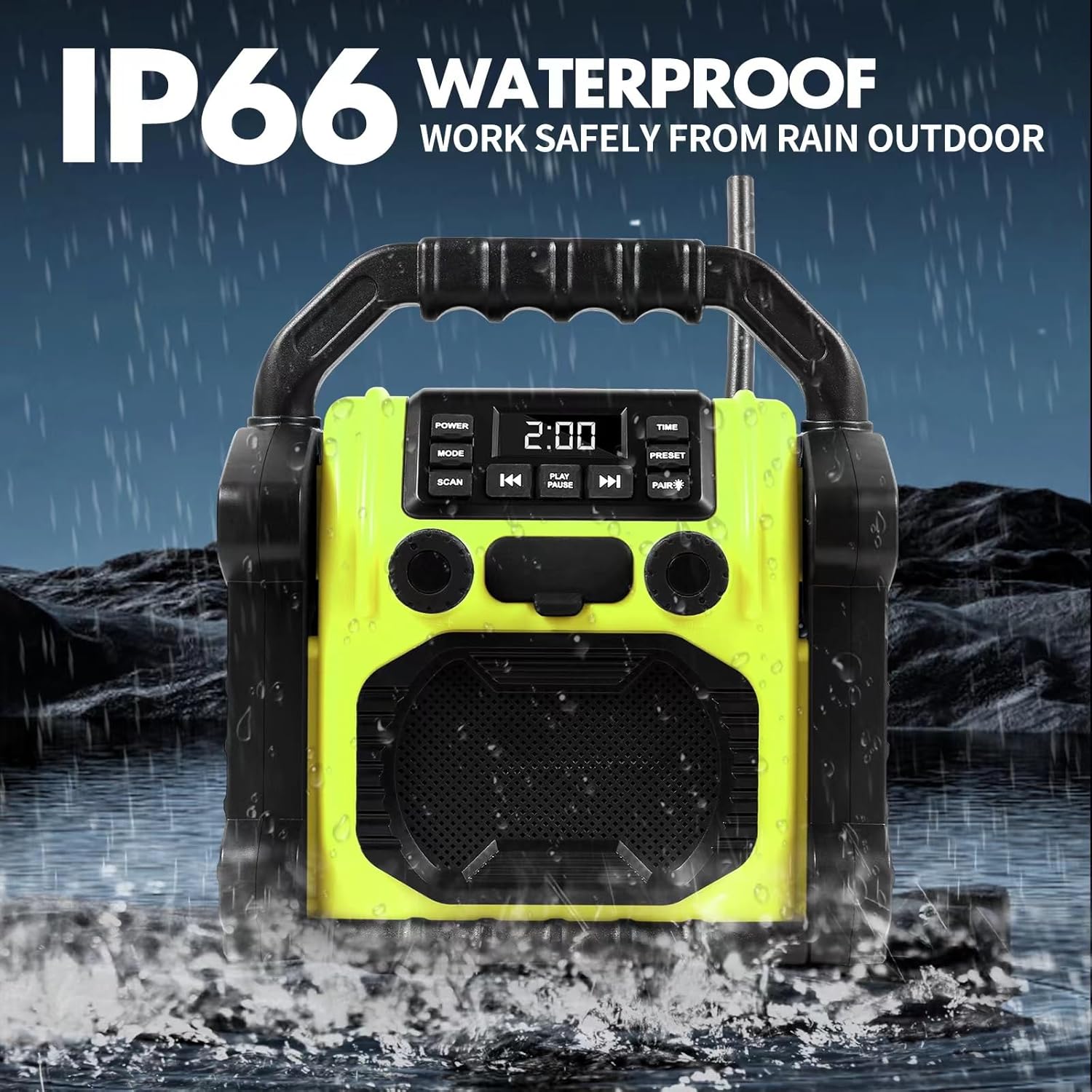 Outdoor Radio Waterproof Bluetooth Speaker, 30W IPX 66 Digital Manual FM Clock Radio, Portable with LED Lights, Anticollision FM Radios for Constrution Site/Outdoor/Fishing/Camping