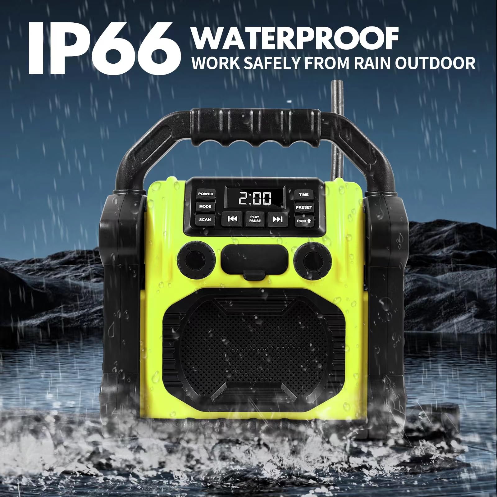 Radio im Freien wasserdicht Bluetooth Lautsprecher, 8000mAh Akku 30W Digital und manuelle Tuning FM Uhr Radio, tragbare LED-Lichter für im Freien/Arbeit/Garage