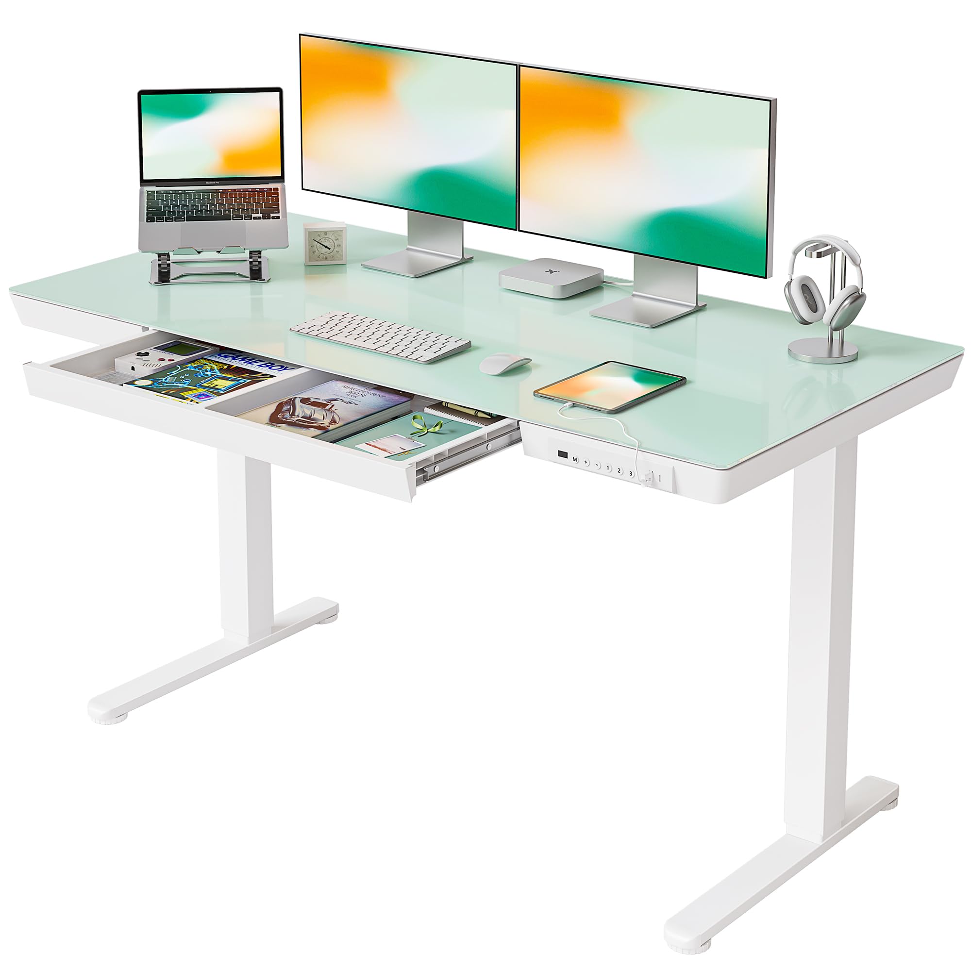 FEZIBO Elektrischer Stehschreibtisch mit Glasplatte, höhenverstellbar, 140 x 60 cm, Homeoffice-Tisch, mit USB-A- bis C-Ladeanschluss, Weißer Rahmen/Weiße Tischplatte