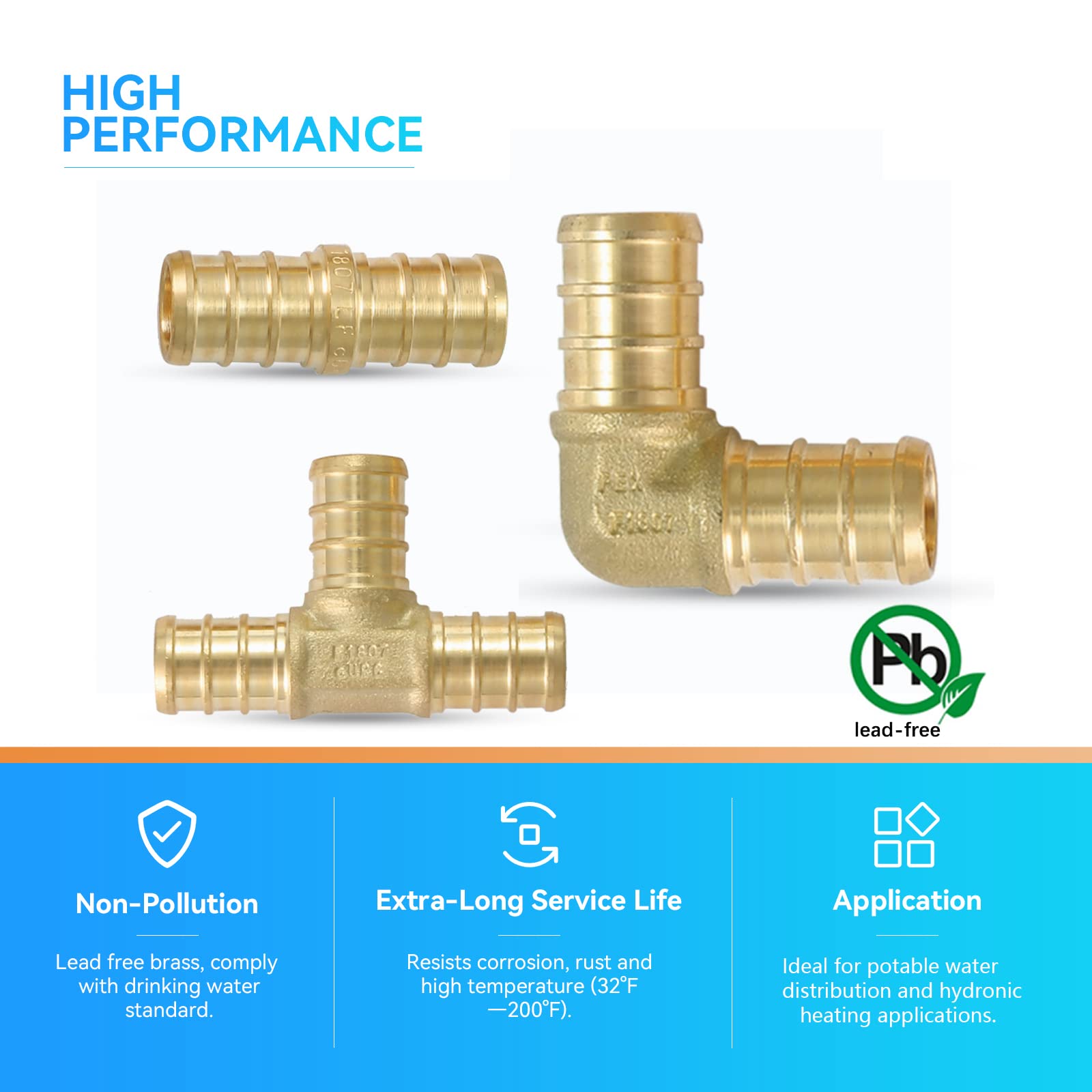 Accesorios PEX (24 Piezas), Codo de 90 Grados (8) + te (8) + Acoplamiento Recto (8), Conjunto de Accesorios de engaste de latón para conexión de tuberías PEX, ASTM F1807