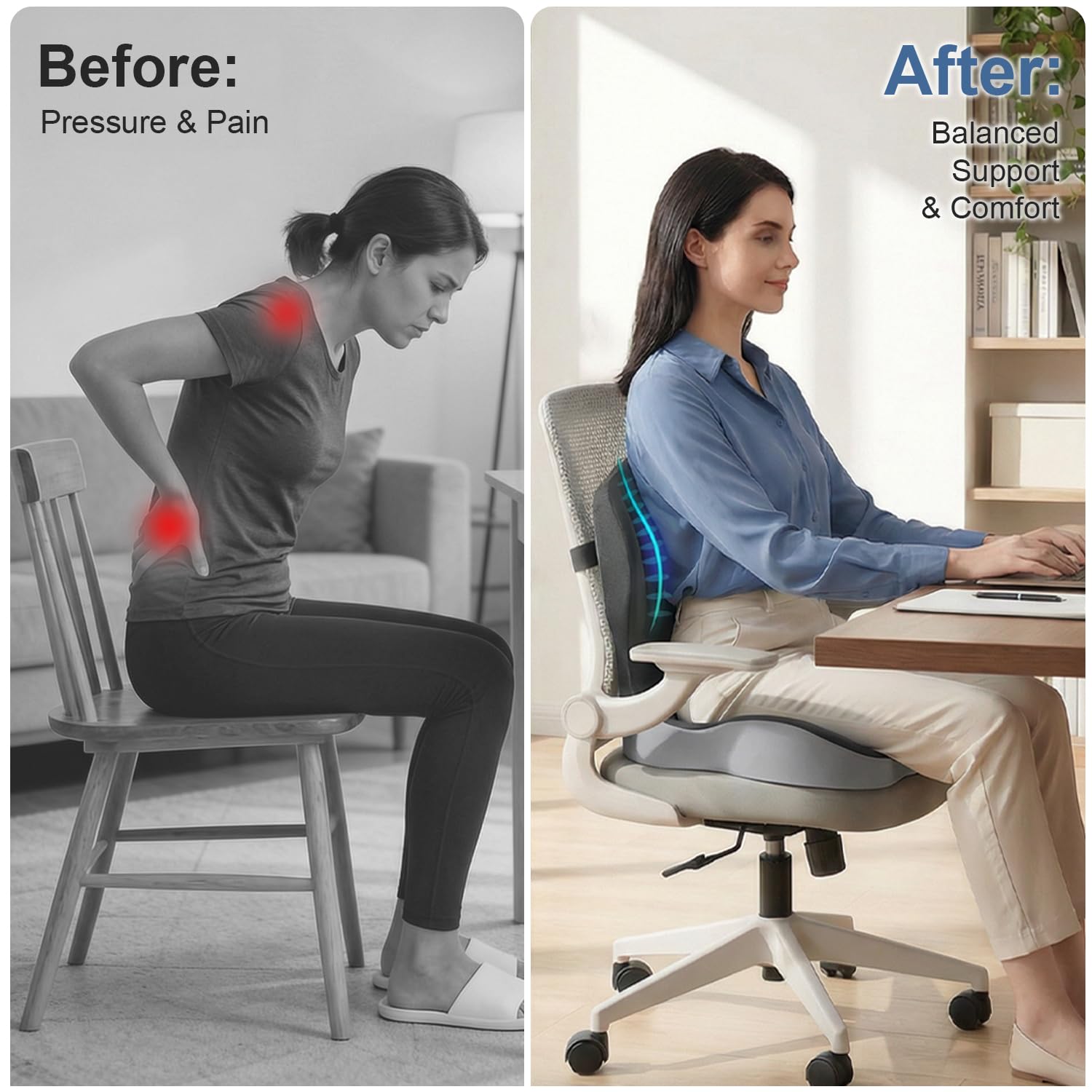 Gresonic Cojín ergonómico de espuma viscoelástica, para oficina, coche, sillas de juegos y comedor, ciática, coxis y coxis, soporte lumbar y lumbar (A, talla única)