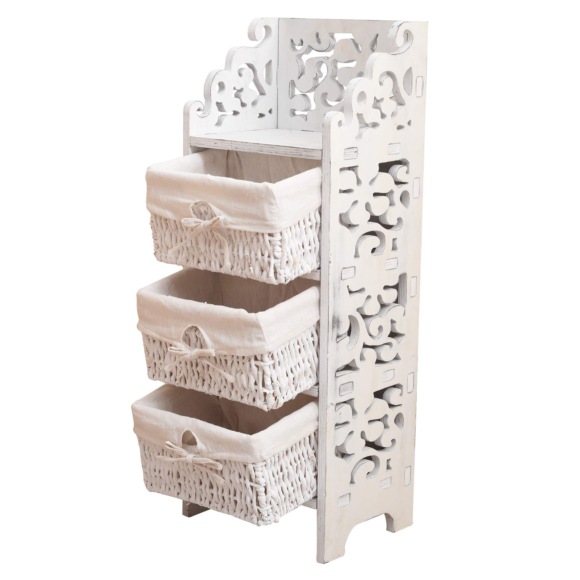 Rebecca Mobili Commode Shabby, Armoire de Rangement 3 Tiroirs Osier, Bois de Pin, Blanc Gris, Chambre Entree – Dimensions: 78 x 28,5 x 22 cm (HxLxL) - Art. RE4296