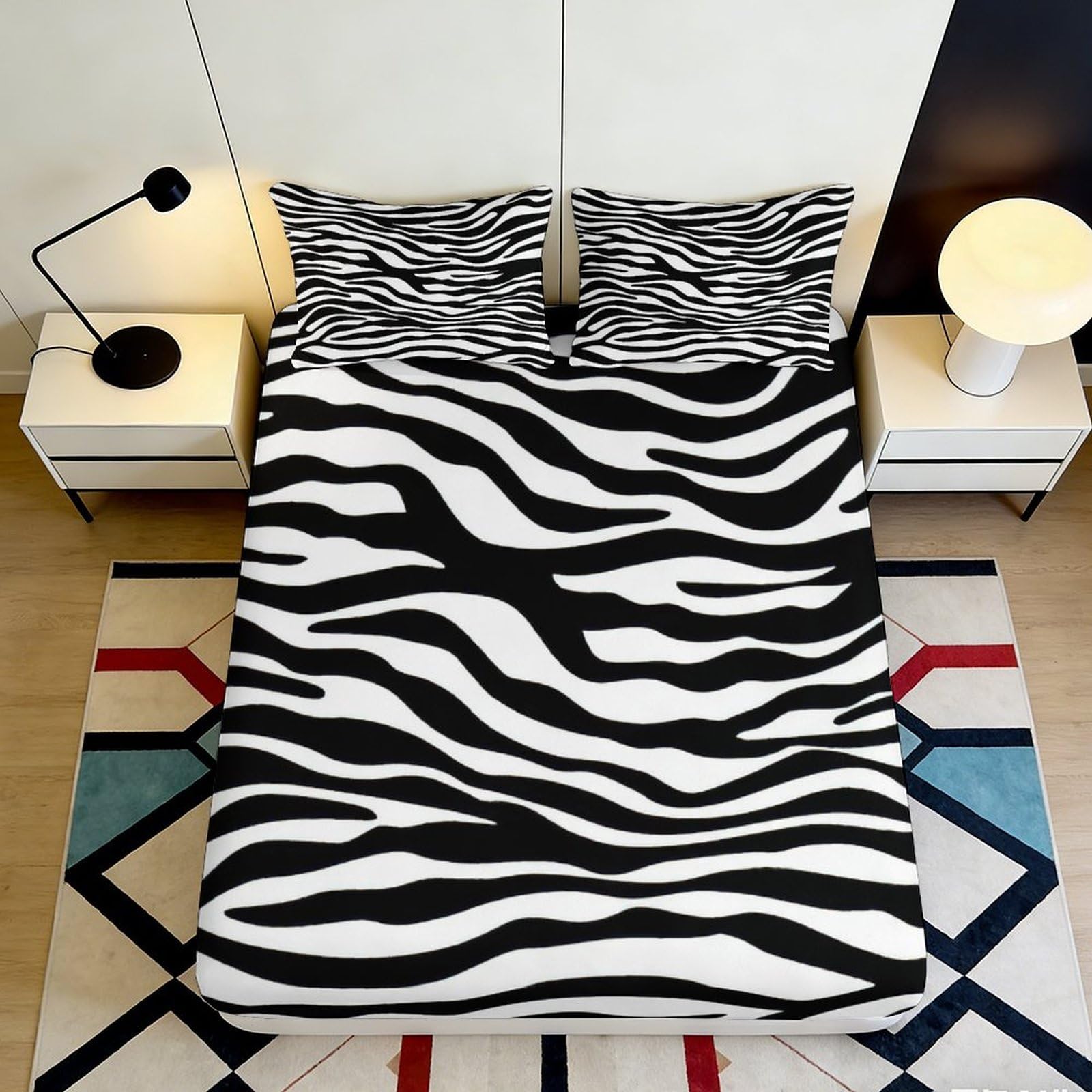 3D Printed Zebra Stripe Fitted Sheet Microfiber Soft Black White Animal Pattern Mattress Cover for Bedroom Dorm Decor 200x200x25cm