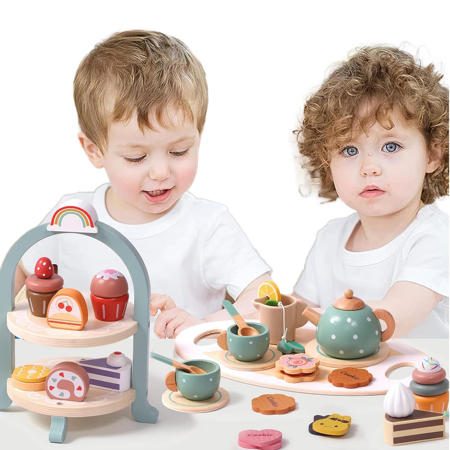 Wooden Tea Party Set for Little Girls 28 Pcs Toddler Tea Set with Cupcake Stand & Food Pretend Play Accessories Kids Kitchen Playset Wooden Toys for 2 3 4 5 6 Year Old Girl Birthday Gift (WT1)