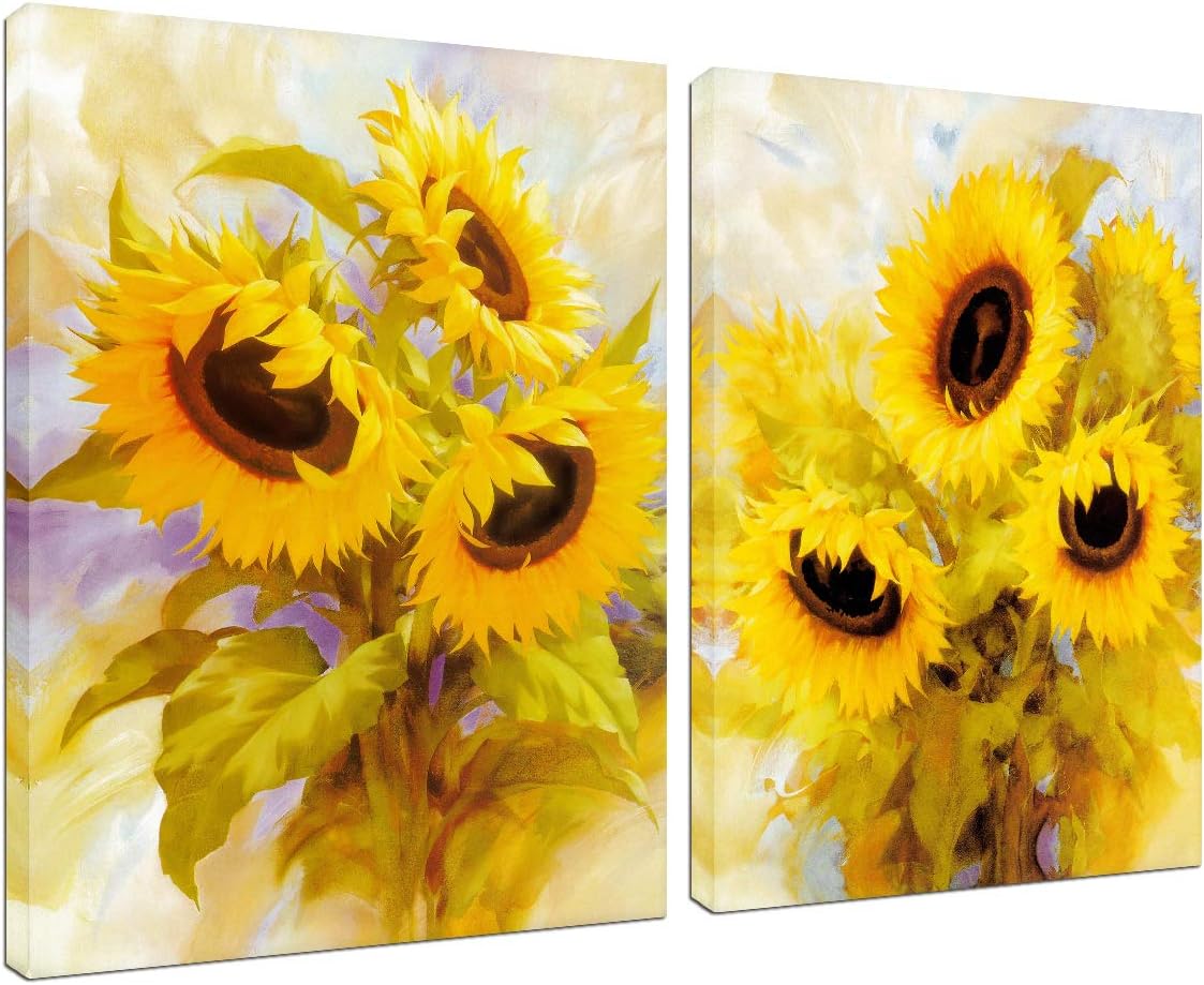 Canvas Wall Art Sunflower Decoration - 2 Panels Home Office Decor Abstract Oil Painting House Farmhouse Kitchen Teen Girls Bedroom Living Room Floral Yellow Flower Picture Frame Artwork Ready to Hang