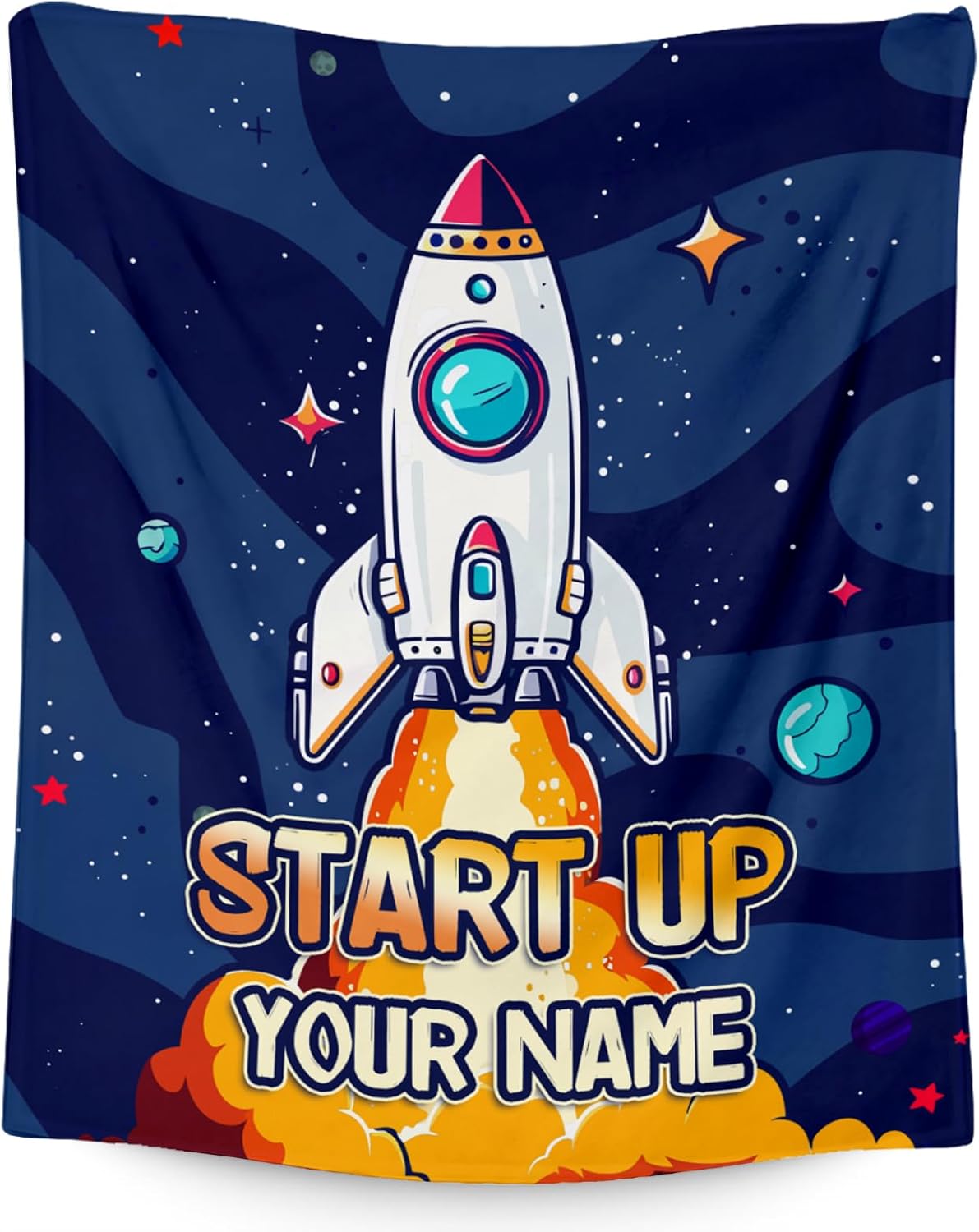 Custom Planets for Kids with Name - 60x80 Inches Cute Throw Blanket for Men, Women - Blue Soft Fuzzy Blankets for Bed, Couch & Living Room