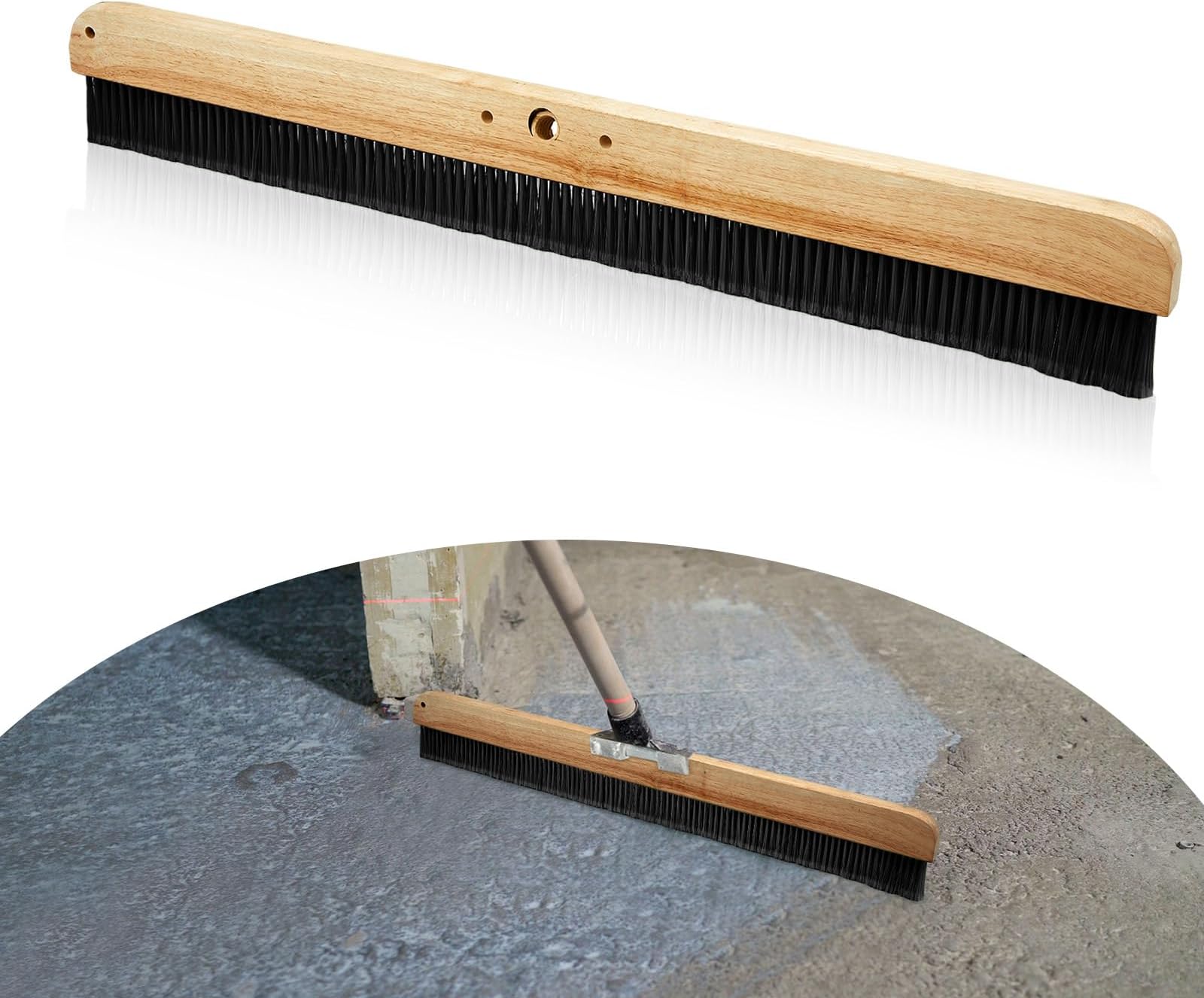 1 Pack 24 Inches Black Concrete Broom Finishing Without Handle Wood Backed Brush with Mounting Threads for Concrete Finishes Hard Floors Yards