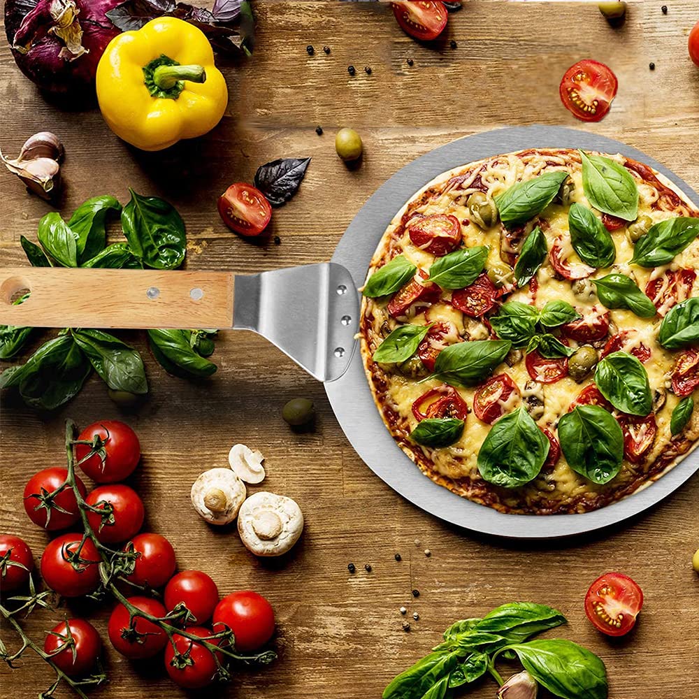 Pala per Pizza e Pane, Pala per Pizza in Acciaio Inossidabile con Manico, in 403 Acciaio Inossidabile, con Manico in Legno, per Pizza, Torte, Biscotti, Forno e Griglia, 25.5 cm / 10 pollici (Argento)