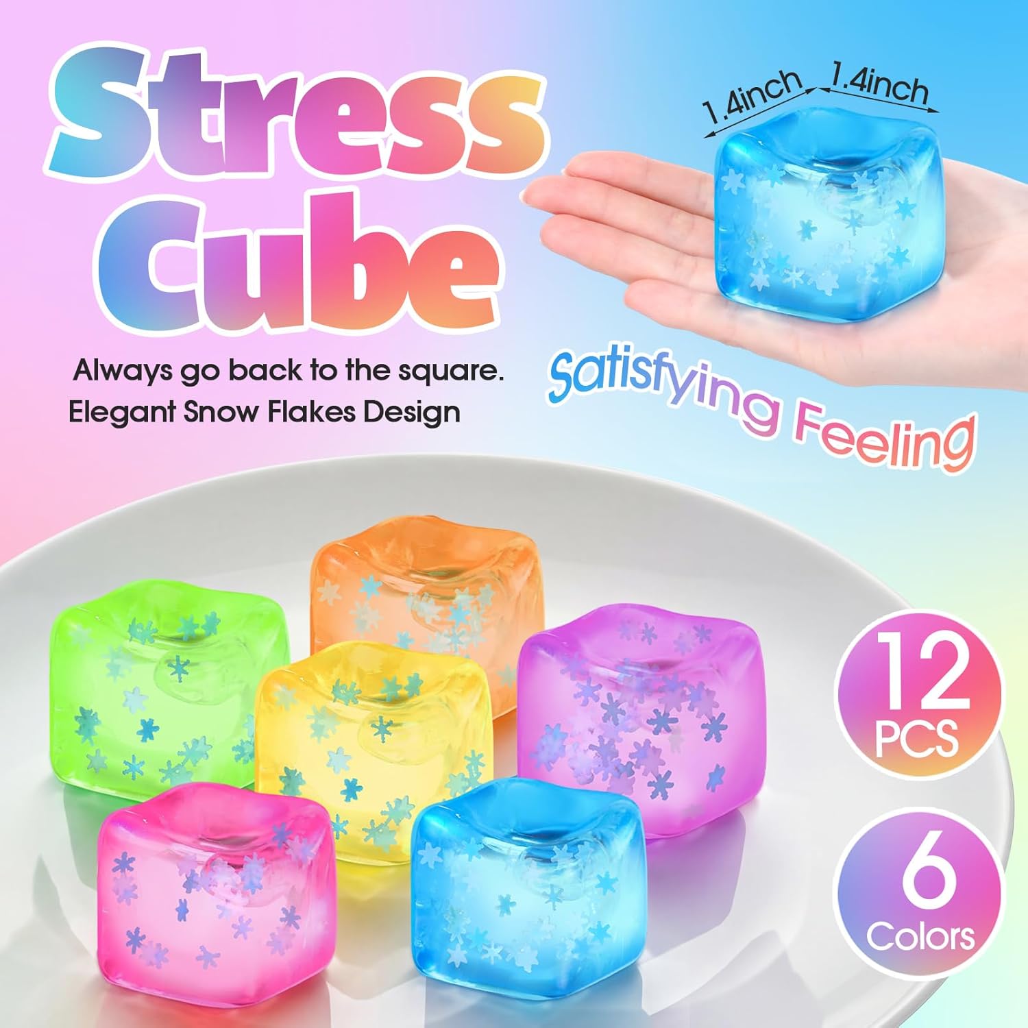 Gemscream 12 Pack Stress Cube with Snowflakes Slow Rising Ice Cube Stress Balls Sensory Squeeze Ball for Anxiety Relief for Party Favors Prizes Goodie Bag Stuffers (Colorful)