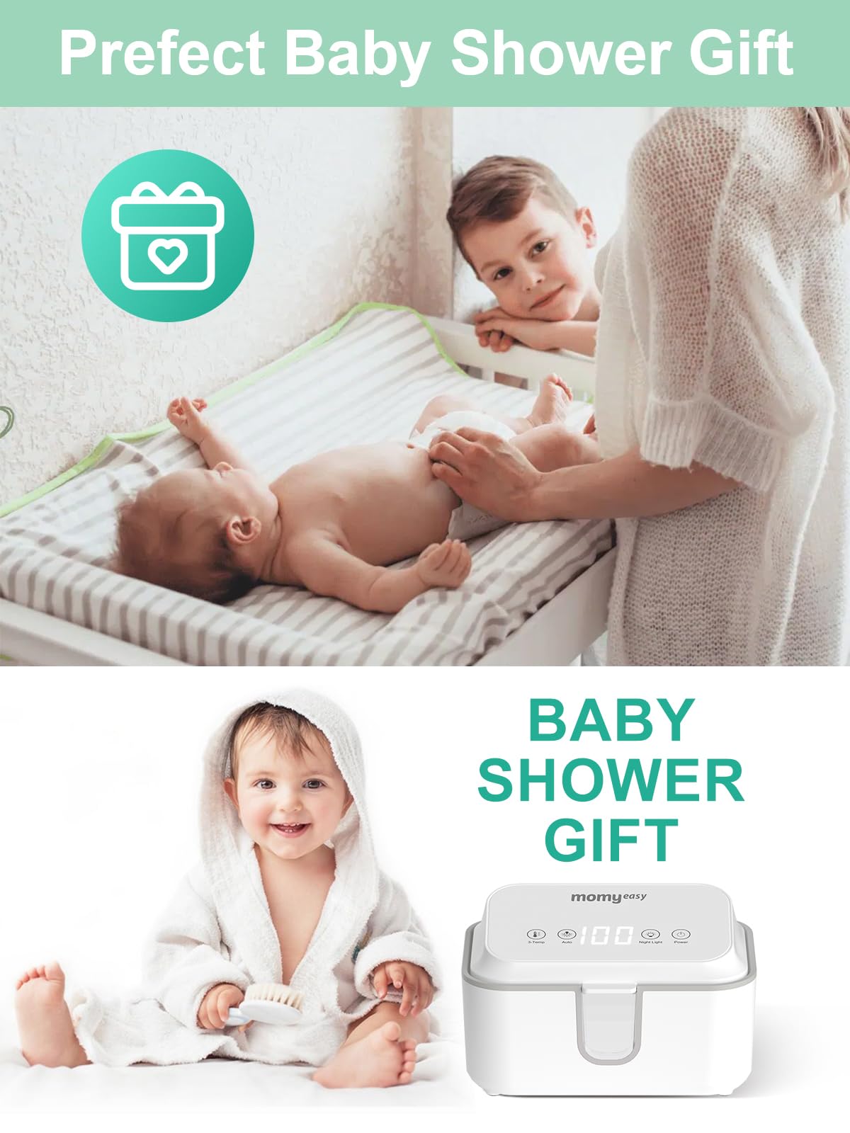MOMYEASY Chauffe-lingettes pour bébé, distributeur de lingettes de grande capacité avec 3 modes de température, chauffe-couches chauffant uniforme avec veilleuse pour bébés/adultes
