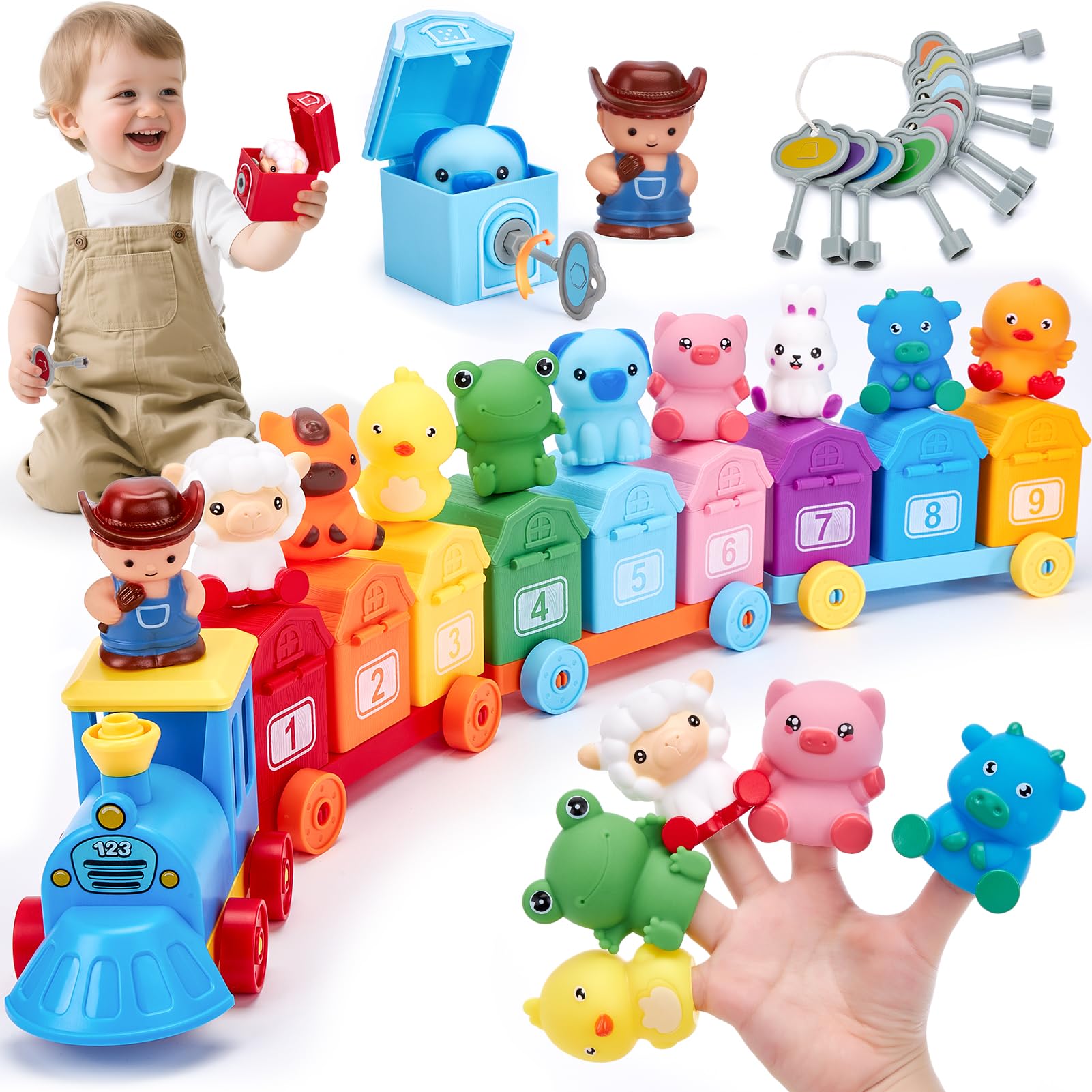 hahaland Giochi Montessori 1 Anno, Animali Giocattolo per Bambini con Conteggio, Abbinamento e Ordinamento, Set di Treno Giocattolo Fattoria Animali Bambini, Educativi Regalo Giochi Bambino 1 2 3 Anno