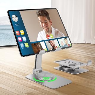 HOTUT Tablet Stand, Ipad Stand Holder, Foldable Holder, Adjustable Rotating Desktop Holder, with 360 Degree Rotating Base, Height-Adjustable, iPad/iPad Pro/Air, iPhone, Galaxy Tab