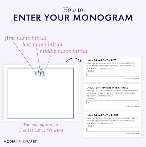 Miniatura 3 de Modern Pink Paper 3 Letter Monogram Stationery Set for Men or Women FLAT NOTE CARDS, Monogrammed Note cards with Envelopes, Monogrammed Stationary