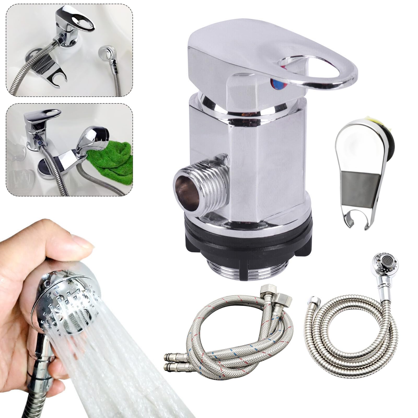Robinet mitigeur de douche sortie 1/2 pouce avec tuyaux d'entrée et de sortie de 80 cm + kit de pulvérisation pour camping-cars, motorhomes, fourgons aménagés