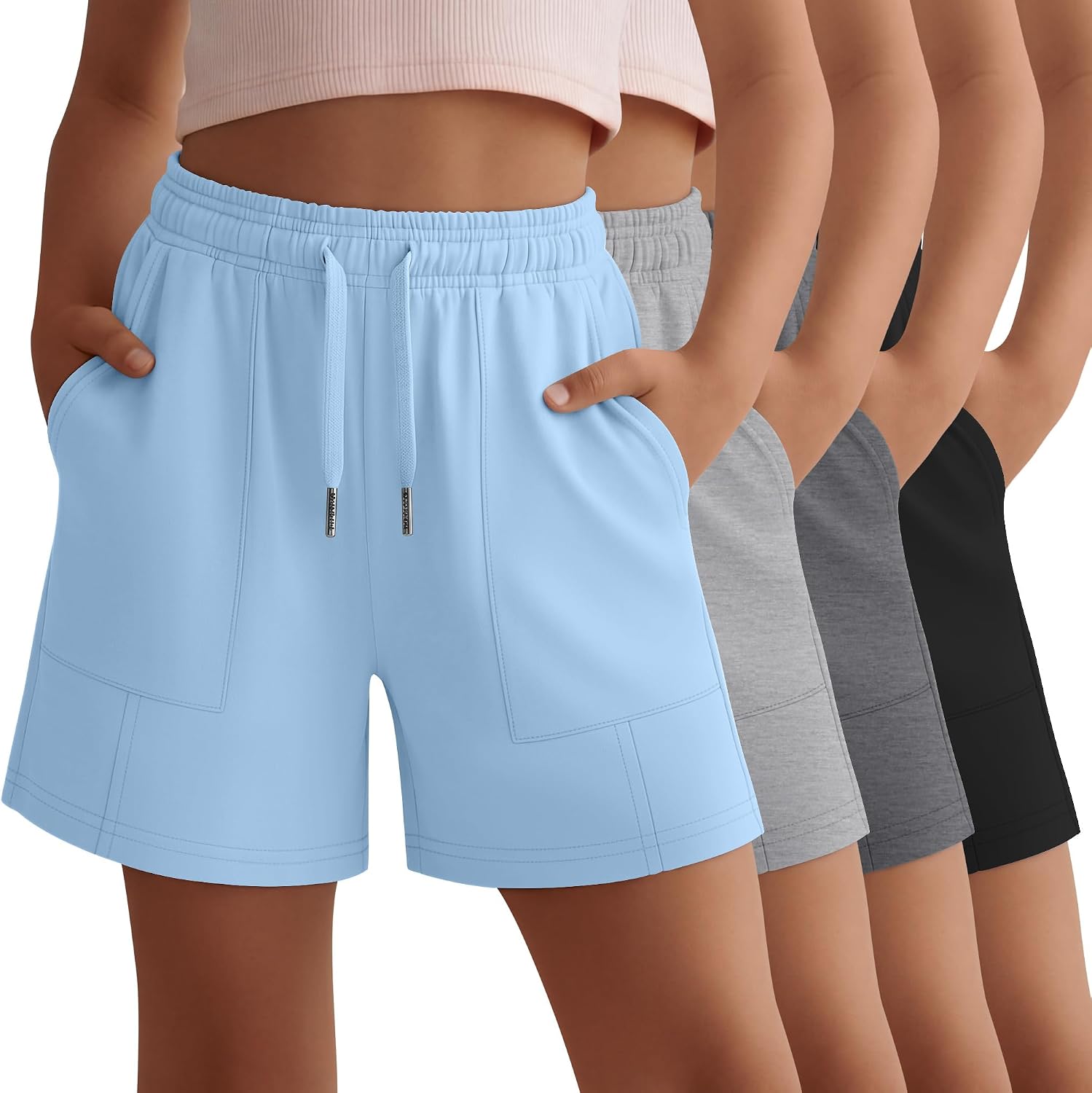 Xaatren 4 Pack Girls' Shorts Kids Summer Wide Leg Loose Shorts Teen Casual Baggy Pull on SweatShorts with Pockets 5-14 Years
