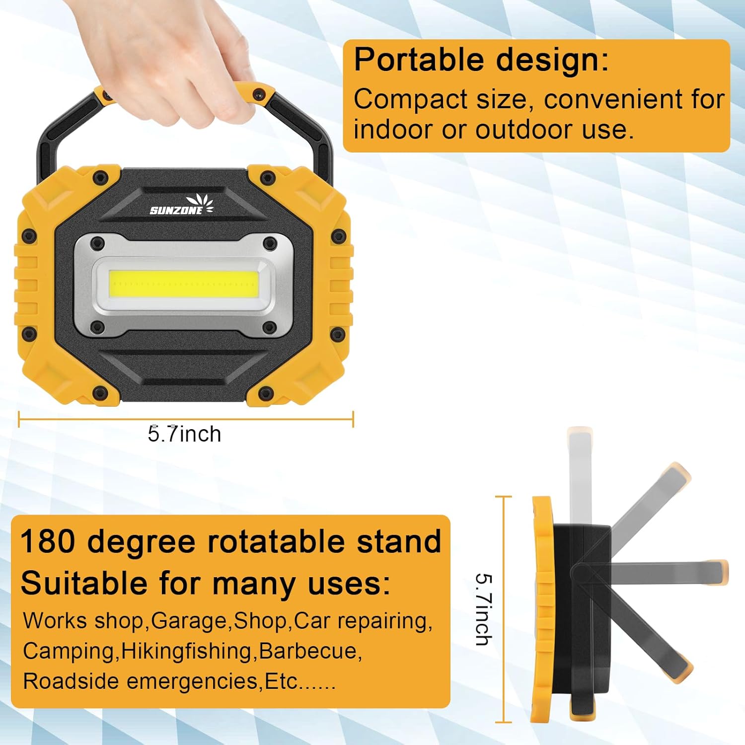 Sunzone LED Work Light, Rechargeable Magnetic Flood Lights with Stand, Waterproof Portable Job Site Lighting for Camping, Fishing, Hiking, Car Inspection with Emergency Mode (2 Pack) - Image 3
