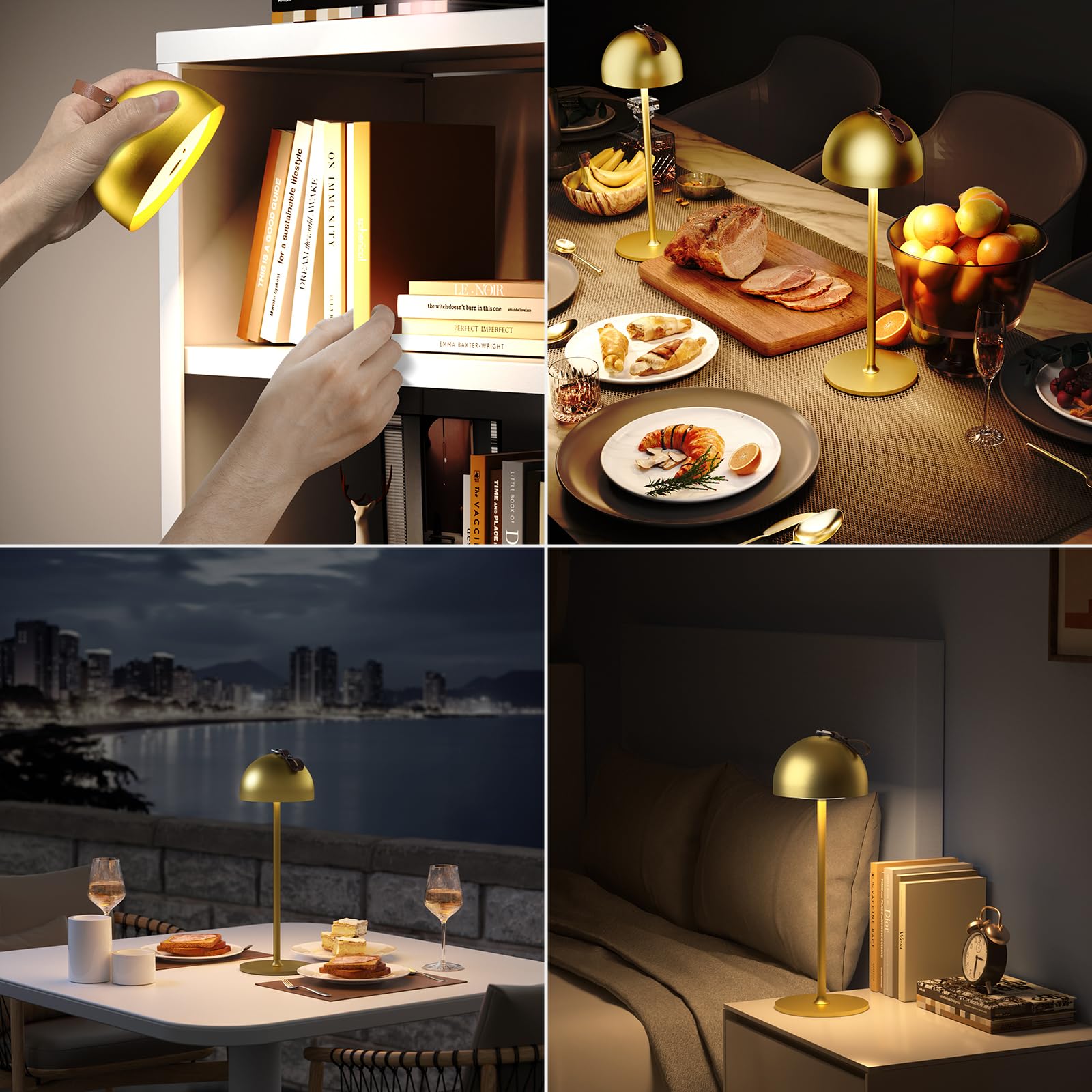 DEELUX 2 Stück Akku Tischlampe Kabellos Dimmbar,3000K Metall IP44 Gold | IP44 Wasserdicht USB-C Metall Akku Tischleuchte Warmweiß 3000K Höhenverstellbar für Restaurant, Schlafzimmer, Büro,Garten