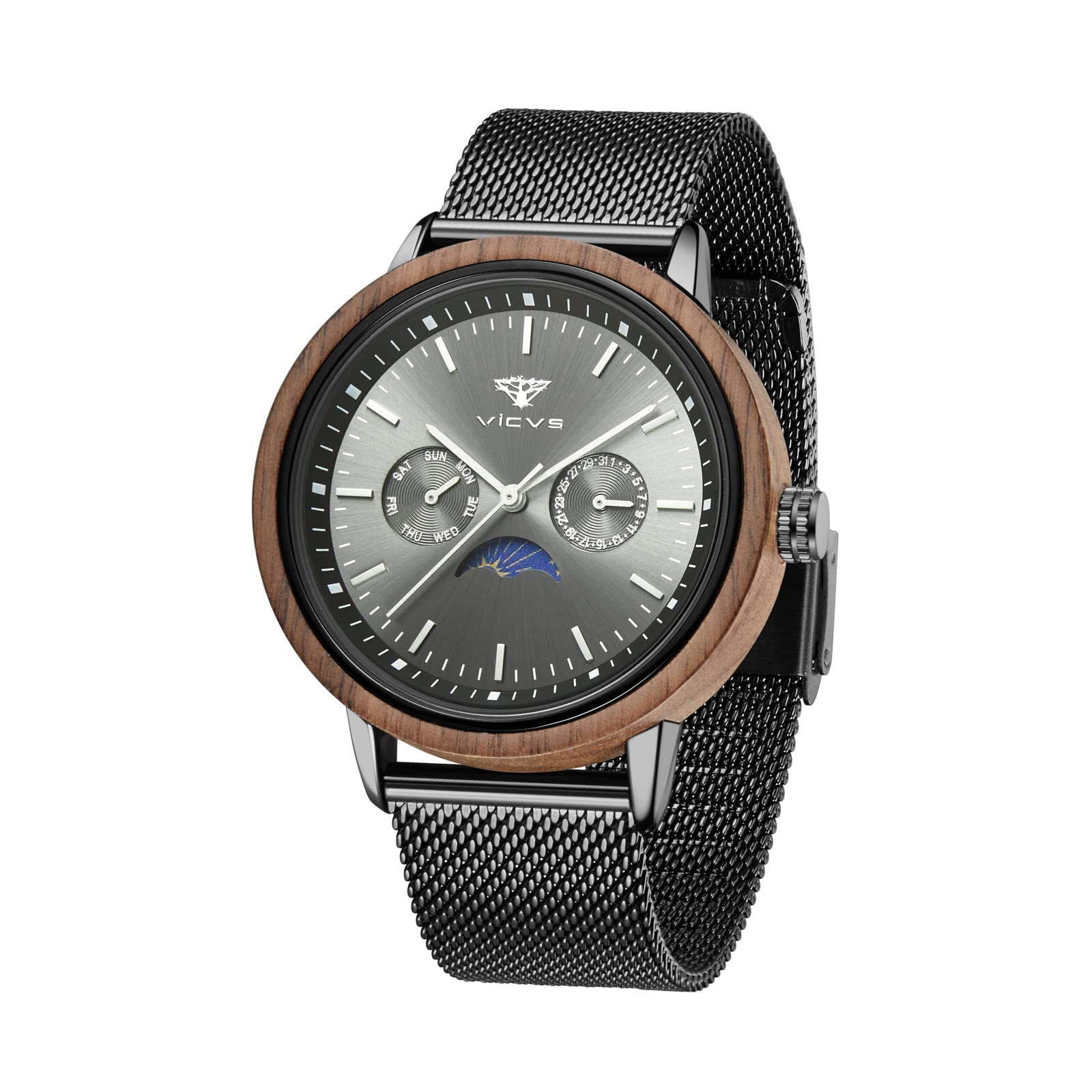 Reloj de Madera para Hombre Reloj es de Madera y Acero Inoxidable con un Reloj de Madera con Fecha y Fase de Luna a la Vez Casual y Deportivo