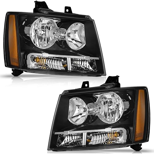 WEELMOTO Headlights Assembly Pair For 2007-2013 Avalancha/Suburban 2500, 2007-2014 Tahoe/Suburban 1500, 2008-2013 Tahoe Hybrid, 2012-2014 Tahoe SSV Headlamp Replacement Black Housing Clear Reflector