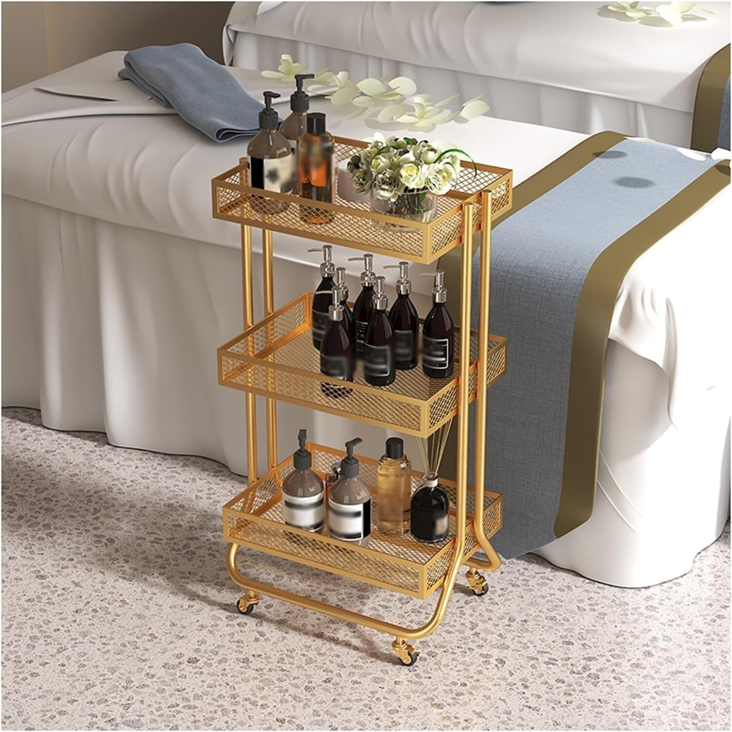 SSDDLZEQ Mobile Salon Station, Salon Cart 3 Tier Salon Trolley Iron Trolley Cart Heightened Guardrail Salon Rolling Cart With Casters Salon Trolley Cart(Gold)